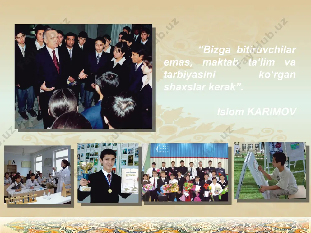 2.ommaviy axborot ko‘lamining kengayishi tufayli o‘smirlar ongliligi darajasining ko‘tarilgani; 3.o‘g‘il va qizlarning dunyo voqealaridan xabardorligi; 4. ularning jismoniy va aqliy kamolotining jadallashgani; 5. o‘smirlar bilan ishlashda g‘oyaviy-siyosiy, vatanparvarlik va baynalminal tarbiyaga alohida yondashishi zarurligi; 6. oshkoralik, ijtimoiy adolat, demokratiya muammolarining ijtimoiy hayotga chuqur kirib borayotgani; “insonning qadr-qimmati uning mol-mulki yoki ijtimoiy kelib chiqishi bilan emas, balki ma'naviy qiyofasi, axloqiy sifatlari bilan o‘lchanadi.” voiz koshifiy insonning odobini uning xulqi belgilab beradi. xulq-odob madaniyati mazmun mohiyatiga ko‘ra inson odobining, aniqrog‘i inson axloqiy komilligining o‘ziga xos ifodasidir. “xulq-odob madaniyati” deb — shaxs muomala va hayot faoliyatining barcha sohalarida umuminsoniy axloqning qoida, dastur talablari, chegaralash va taqiqlashlariga asoslanadigan munosabatlarga aytiladi. * respublika ta’lim tizimida o‘quvchilar uchun mustaqil bilim olish, ijodiy fikr yuritish, o‘zini-o‘zi boshqarish, anglash, baholash va nazorat qilishga keng imkoniyatlar yaratilgan. o‘smirlik yoshida bolalikdan kattalik holatiga ko‘chish jarayoni sodir bo‘ladi. o‘smirda psixik jarayonlar keskin o‘zgarishi bilan aqliy faoliyatida ham burilishlar seziladi. shuning uchun …