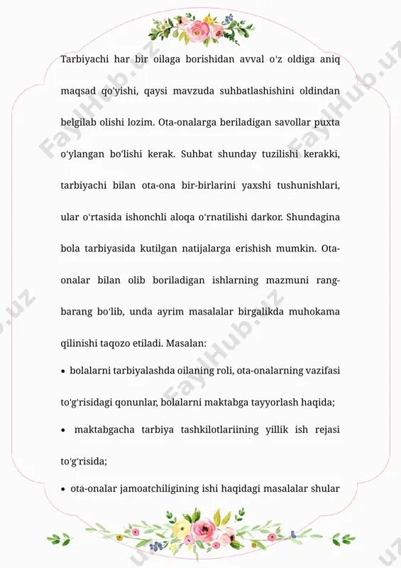 ijobiy o‘rnak bo‘ladigan kishilardir. bunday odamlar o‘z farzandlari tarbiyasiga oilada ham, maktabgacha ta’limda ham e’tibor beradigan aqlli odamlar, namunali oilalar a’zolari bo‘ladi.ilmiy manbalarga qaraganda inson shaxsi uchta faktorlar ta’sirida tarkib topadi. ulardan birinchisi odam tug‘ilib o‘sadigan tashqi ijtimoiy muhitning ta’siri bo‘lsa, ikkinchisi odamga uzoq muddat davomida sistemali beriladigan ijtimoiy ta’lim- tarbiyaning ta’siridir va uchinchisi odamga nasliy yo‘l bilan beradigan irsiy omillarning ta’siridir.bugungi kunda davlat va xususiy muassasalar, oliy o‘quv yurtlari, mahalliy davlat hokimiyati organlari va nodavlat notijorat tashkilotlari (nnt) xorijda jumladan, turkiyada maktabgacha ta’limni turli darajadagi va bir-birida farqli dasturlar bilan ta’minlovchi muassasalar sirasiga kiradi. maktabgacha ta'limni qo'llash modellarini odatda ikkita guruhga bo'lish mumkin: "muassasa asosidagi ta'lim modellari" va "maktabgacha yoshdagi bolalar va ularning muhitini qo'llab-quvvatlovchi ta'lim modellari". ijtimoiy xizmatlar va bolalarni himoya qilish muassasasiga qarashli maktabgacha ta'lim muassasalari- “kunduzgi markaz”, “bolalar bog'chasi”,” bolalar klubi” va “bolalar uyi” kabi turli nomlarga ega. ular 0-6 yoshdagi bolalarga g'amxo'rlik qilish, ularning jismoniy …