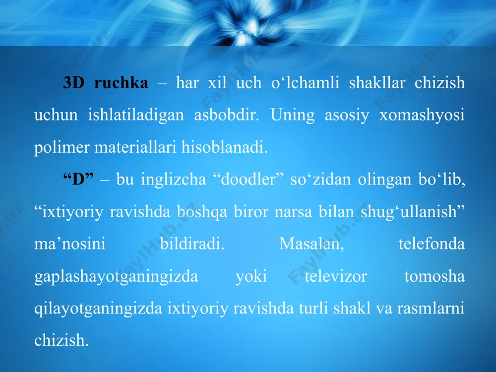 sh tugmasini bosish; 4 – ishni tugatgach, quvvat manbayini elektr tarmoqdan va 3d ruchkadan uzish hamda plastik simni chiqarish. issiq 3d ruchka ishlash prinsipi juda oddiy bо‘lib, ruchka plastikni isitadi, u tezda soviydi va unda har qanday uch о‘lchamli shaklni yaratish mumkin. ruchkaning ishlashi uchun hech qanday dasturiy ta’minot va kompyuter kerak emas, uning imkoniyatlari faqat sizning tasavvuringizga bog‘liqdir. issiq 3d ruchka ishlashi uchun 12 volt kuchlanishli quvvat manbayi kerak bо‘ladi. 3d ruchka harorati 160–210 gradusni tashkil qiladi. issiq 3d ruchkalarning afzalliklariga yengil vaznga egaligi, ixchamligi, foydalanish qulayligi, sarflanadigan materiallarning arzonligi kabilar kirsa, kamchiligiga haroratning yuqori darajada emasligi kiradi. issiq 3d ruchkada ishlatiladigan asosiy xomashyolarga abs va pla plastiklari kiradi (105-rasm). 105-rasm. issiq 3d ruchkada ishlatiladigan asosiy xomashyo turlari. abs (akrilonitril butadiyen stirol, (plastik nomi shu moddalar ismlarining bosh harflaridan olingan) plastik neftdan olingan aralashmalarga asoslangan. u buzilmaydi, juda bardoshli, 100–110 °c haroratda qotadi, yuqori darajada jilolanadi, qayta ishlash imkoniyatiga …