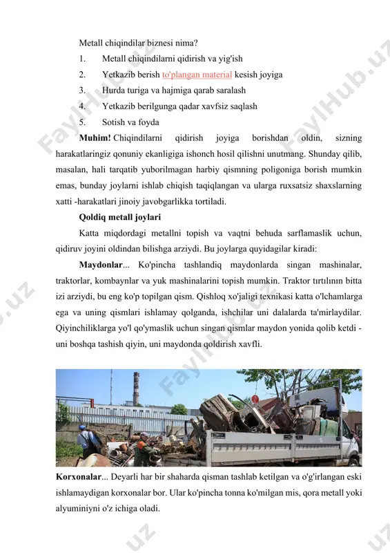 rini qidirishga harakat qiladi. shunday qilib, masalan, eng qimmat mis, uning narxi 1 kg uchun 300 rublga etadi. qaysi qurilmalarda rangli metall bor: · sovutgichlar... aynan mana shu maishiy texnika rangli metallar miqdori bo'yicha birinchi o'rinda turadi. shunday qilib, dvigatellarda siz 1,5 dan 3 kg gacha misni topishingiz va muzlatgichdan 1 kg gacha alyuminiy chiqarib olishingiz mumkin. mis qotishmalari bo'lgan maxsus sovutish quvurlari haqida unutmang. rangli metallni qismlarga ajratish va olishda juda ehtiyot bo'lish kerak, chunki mahsulot tarkibida zaharli gaz bor. · televizorlar... tajribali metall detektorlar eski quvurli televizorlardan 1,5 kg gacha, yarimo'tkazgichli qurilmalardan esa atigi 0,5 kg gacha mis chiqaradi. ularda alyuminiy yo'q, lekin qimmat kondansatörler va rezistorlar mavjud. · kir yuvish mashinalari... agar siz ushbu uy jihozlarini qismlarga ajratib qo'ysangiz, siz mis, rux va alyuminiyning ta'sirchan miqdorini ham topishingiz mumkin. rangli metallarni qazib olish mumkin bo'lgan ko'proq sanoat mahsulotlari haqida unutmang. bunga quyidagilar kiradi: transformatorlar va eski elektr …