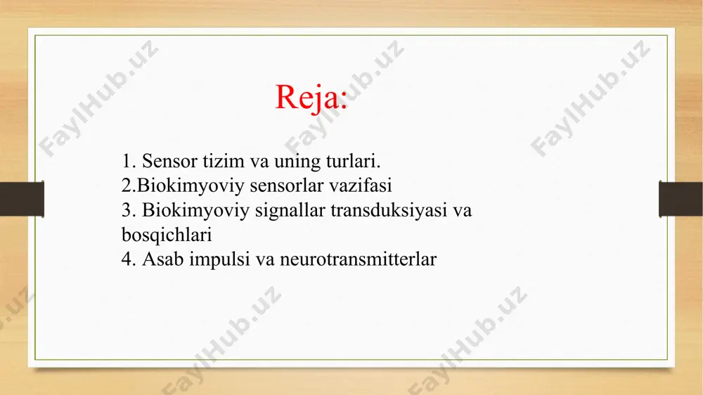 i (amplifikatsiya): bitta ligand ko‘p sonli ikkilamchi xabarchilarni faollashtirishi mumkin, bu esa kuchli javobga olib keladi. effektorlar faollashuvi va hujayraviy javob: signal natijasida turli oqsillar, fermentlar yoki transkripsiya omillari faollashadi. bu esa hujayraning javobiga olib keladi, masalan: gen ekspressiyasining o‘zgarishi moddalar almashinuvining faollashuvi hujayra bo‘linishi, o‘sishi yoki apoptoz signalning tugashi va teskari aloqa: jarayon nazorat ostida bo‘ladi. signal tugagach, ikkilamchi xabarchilar parchalanadi, retseptorlar inaktiv holatga qaytadi. bu hujayraning haddan tashqari faollashishini oldini oladi. asab impulsi (neyron impulsi): asab impulsi bu – neyronlar (asab hujayralari) orqali axborotning elektr signali ko‘rinishida uzatilishidir. bu impuls: neyronning membranasida natriy (na⁺) va kaliy (k⁺) ionlarining harakati natijasida hosil bo‘ladi. bu jarayon aksiyon potentsiali deb ataladi. impuls neyron o‘qi (akson) orqali juda tez harakatlanadi. neyrotransmitterlar: neyrotransmitterlar – bu kimyoviy moddalar bo‘lib, ular asab impulsining bir neyron (yoki asab hujayrasi)dan boshqasiga yoki mushak/glandalarga o‘tishini ta’minlaydi. ular: impuls sinapsga (ikki neyron orasidagi bo‘shliq) yetib kelganda chiqariladi. sinaptik bo‘shliqdan …