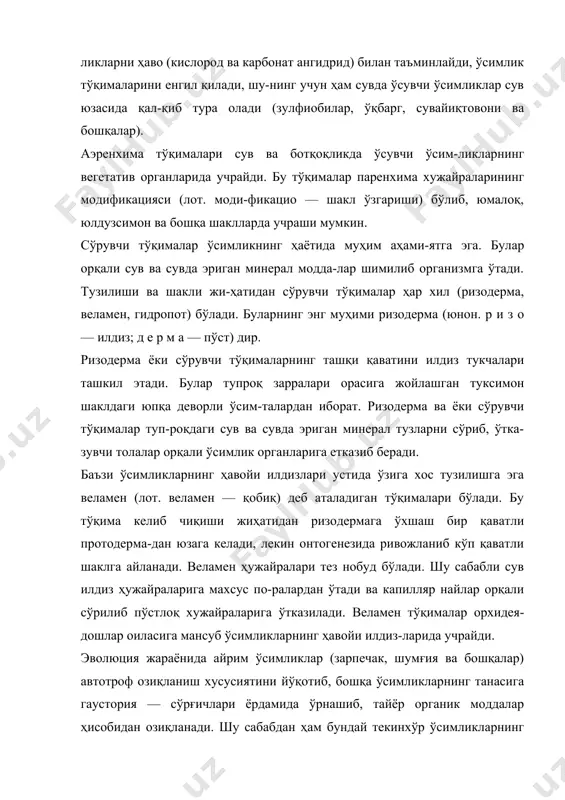 л жиҳатидан па-ренхима ҳужайраларидан ташкил топган. уларнинг дево-ри юпқа, узоқ вақггача тириклик хусусиятини сақлаб қола-ди ва ўзидан секрет чиқаради. энг муҳим секретлар — терпинлардир. улар эфир мой-лари, каучук, бальзам, смолалардан иборат. қарағай эфир мойларидан скипидар, канифол моддалари ажратиб оли-нади. бундан ташқари бу тўқималар ўзидан қанд, оқсил, тузлар, сув ҳам чиқаради. терпинлар ва оқсиллар ҳужайранинг эндоплазматик ретикулумида, шилимшиқ ширалар эса, гольджи аппара-тида синтез қилинади. секрет тўқималар, ўзидан ажратадиган моддаларнинг ташқарига чиқарилиши ёки ичкарида сақланиб қолишига асосланиб, икки гуруҳга: ташқарига чиқарувчи ва секрет-ларни сақловчи тўқималарга бўлинади. эволюция жараё-нида ташқарига чиқарувчи тўқима эпидермадан, секрет-ларни сақловчи тўқима эса, ассимиляция ва ғамловчи тўқи-малардан келиб чиққан. ташқарига секрет чиқарувчи тўқималар безсимон тук-лар, нектар, гидатодалар шаклида бўлади. безсимон тук-лар ёки трихомалар эпидермадан пайдо бўлади. бу безлар бирҳужайрали ёки кўпхужайрали бошчадан иборат. улар чиқарадиган секрет ёки суюқлик асосан, эфир мойлари-дан иборат бўлиб, кутикула остида тўпланади (1-расм, а—ж). бу хилдаги безсимон туклар лабгулдошлар (розма-рин, лагохилус кўкпаранг), мураккабгулдошлар ва бошқа …