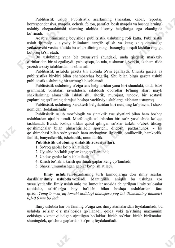 iy va grammatik xususiyatlari mavjud. badiiy uslubda so‘z ma'nolarining kengayishi, o‘zgarishi, ko‘p ma'noli bo‘lishi va hatto lug‘atlarda qayd etilmagan ma'nolar kasb etishi qonuniyat sanaladi. lug‘aviy birliklardan tashqari frazeologik birliklarning faol va keng ravishda ishlatilishi ham badiiy nutq uslubining asosiy belgilaridandir. badiiy uslubning grammatik xususiyatlariga nazar tashlasak, grammatik shaklning barcha ko‘rinishlari – sheva va tarixiy variantlari ham asarning mavzu talabi bilan qo‘llanaveradi. masalan: dunyo bo‘ldi chamanim manim, o‘zbekiston vatanim manim. badiiy nutq uslubida so‘z turkumlarini qo‘llashda ham o‘ziga xosliklar mavjud. masalan, sifatlarning ishlatilishi badiiy nutqda ot va olmosh kabi faoldir. olmoshlardan kishilik va ko‘rsatish olmoshlarining qo‘llanishi mahsuldordir. sonlar odatda aniq ma'nolarni anglatishi bilan birga ma’nosi kengaygan holda ham qo‘llanadi. undov va taqlid so‘zlar ham badiiy uslubda uchrashi xarakterlidir. badiiy uslub sintaktik xususiyatlari bilan ham boshqa uslublardan farqlanadi. badiiy nutq uslubida darak, so‘roq, buyruq gaplar matn sintaksisining ajralmas qismini tashkil qiladi. undov gaplar ham badiiy nutq uslubi uchun xarakterlidir. ular kitobxonga estetik …