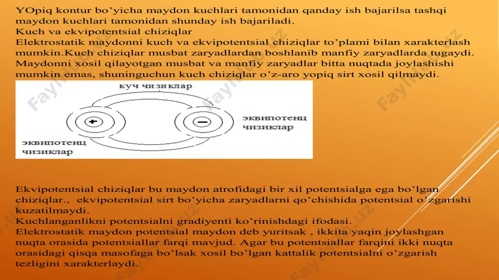 as tengliklari yozsak: ∇ 2 φ= d 2 φ d𝑥 2 + d 2 φ dy 2 + d 2 φ d𝑧 2 pausson tengligi d 2 φ d𝑥 2 + d 2 φ dy 2 + d 2 φ d𝑧 2 = - ρ erk /ε a laplas tengligi d 2 φ d𝑥 2 + d 2 φ dy 2 + d 2 φ d𝑧 2 = 0 pausson tengligi maydonni istalgan nuqtasida potentsialdan ikki marta olingan xosilani ayni nuqtada erkin zaryadlarni xajmiy zichligi bilan bog’liqligini /docprops/thumbnail.jpeg