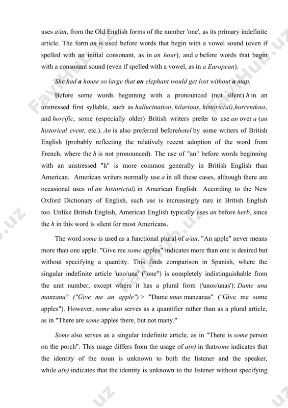 itive article a partitive article is a type of indefinite article used with a mass noun such as water, to indicate a non-specific quantity of it. partitive articles are used in french and italian in addition to definite and indefinite articles. the nearest equivalent in english is some, although this is considered a determiner and not an article. french: voulez-vous du café ? do you want (some) coffee? (or, dialectally but more accurately, do you want some of this coffee?) see also more information about the french partitive article. haida has a partitive article (suffixed -gyaa) referring to "part of something or... to one or more objects of a given group or category," e.g.tluugyaa uu hal tlaahlaang 'he is making a boat (a member of the category of boats). negative article a negative article specifies none of its noun, and can thus be regarded as neither definite nor indefinite. on …