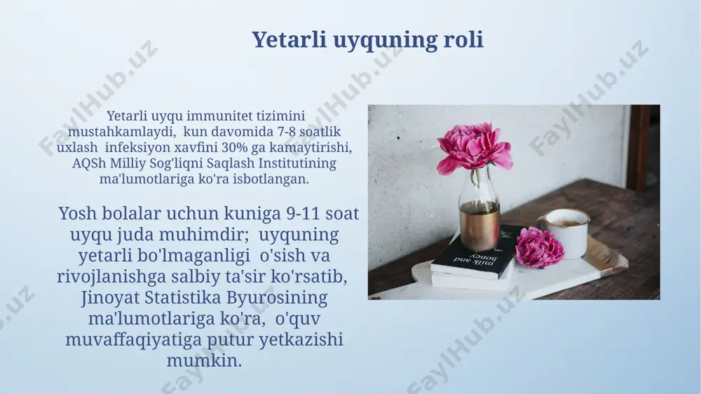 ʼsir koʻrsatadi, 2018 yilgi jahon sogʻliqni saqlash tashkiloti maʼlumotlariga koʻra, bu esa stress darajasini pasaytirib, immunitet tizimini mustahkamlaydi. rejalashtirish va maqsadlar qo'yish soglom turmush tarzini shakllantirishda 5 dan 10 gacha aniq, o'lchovli maqsadlar qo'yish, masalan, haftada 3 marta sport bilan shug'ullanish yoki kuniga 8 soat uxlash, muvaffaqiyatga erishish ehtimolini oshiradi. rejalashtirishda haftada 7 kunlik jadval tuzish va unda jismoniy faoliyat, to'g'ri ovqatlanish va dam olish uchun vaqt ajratish, masalan, har kuni kamida 30 daqiqa yurish, samaradorlikni sezilarli darajada oshiradi. aqliy sog'liqni saqlash aqliy sogʻliqni saqlash uchun 20 daqiqalik meditatsiya yoki mindfulness mashqlari, kundalik jurnallar yuritish va ijobiy munosabatlarni rivojlantirish (kamida 5 ta yaqin odam bilan) kabi amaliyotlar miya faoliyatini yaxshilaydi va kayfiyatni koʻtaradi. sogʻlom turmush tarzini shakllantirishda aqliy sogʻliqni saqlash muhim ahamiyatga ega boʻlib, kuniga kamida 7-8 soat sifatli uyqu, stressni boshqarish texnikalari va muntazam jismoniy mashqlar (haftada 3 martadan kam boʻlmagan holda) neyrotransmitterlar faoliyatini yaxshilaydi. shaxsiy gigiyena qoidalari shaxsiy …