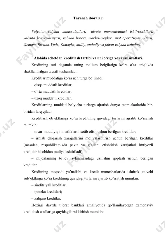 adi. kredit miqdori ssudaga bo’lgan ehtiyoj oshib borishi bilan ortib boradi va ushbu ehtiyojning kamayishiga qarab qoplanib boradi. aylanma bo’yicha kreditlash usuli kredit oluvchining ishlab chiqarish faoliyatining uzluksizligini ta’minlash imkonini beradi. qoldiq bo’yicha kreditlash usulida kredit kredit oluvchining tovar-moddiq qimmatliklarining qoldig’i va xarajatlarining o’zgarishi natijasida yuzaga kelgan ehtiyojga qarab beriladi. masalan, korxona tovar-moddiy qimmatlikni o’zining mablag’lari hisobidan sotib oldi va shundan keyingina bankka ssuda so’rab murojaat qildi. bunday sharoitda kredit xarajatlarni avanslash uchun emas, balki tovar-moddiy qimmatliklarning qoldig’iga, qoplash tartibida beriladi. amaliyotda kreditlashning yuqorida qayd etilgan har ikkala usuli uyg’unlashib, kreditlashning yangi usulini, ya’ni aylanma-qoldiq usulini yuzaga keltiradi. ushbu usulda kredit dastlab tovar-moddiy qimmatliklar va xarajatlar shakllanishining dastlabki bosqichida beriladi, keyingi bosqichda esa, kredit mijozning bank oldidagi muddatli majburiyatining qoldig’i asosida so’ndiriladi. kreditlashning aylanma-qoldiq usulida kredit aniq belgilangan muddatlarda so’ndiriladi, biroq, bu muddatlar resurslarning bo’shash muddatlariga mos kelmasligi mumkin. kreditlashning har uchala uslida kreditlarning harakati mijozning ssuda hisobraqami orqali amalga …