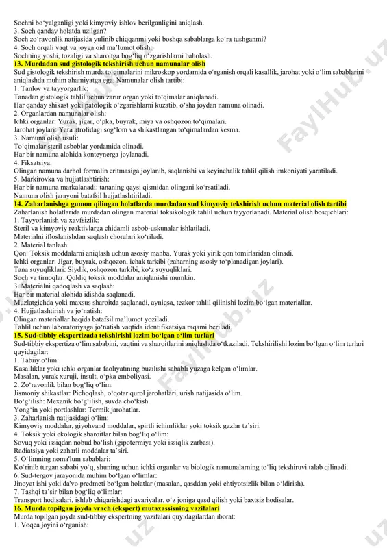 llarni steril asbob-uskunalar bilan yig‘ish. har bir dalil alohida konteyner yoki paketga joylanadi. 4. qadoqlash va markirovka: har bir dalilni tegishli tartibda markalash: olingan joy, vaqt va dalil turi yoziladi. namunalarning saqlanish sharoitlarini ta’minlash. 5. hujjatlashtirish: olingan har bir dalil haqida rasmiy hujjat to‘ldirish. dalil kim tomonidan olinganligi va olingan vaqti qayd etiladi. 9. qon va qon dog‘lari tekshiruvi bilan bog‘liq savollar 1. qon dog‘larini aniqlash: luminol, peroksid kabi kimyoviy reagentlar yordamida yashirin qon dog‘larini aniqlash. ultraviyole nurlar yordamida qon izlarini topish. 2. qonning kelib chiqishini aniqlash: biologik va immunologik usullar yordamida qonning inson yoki hayvon ekanligini aniqlash. dna tahlili orqali qonning kimga tegishli ekanligini aniqlash. 3. qon dog‘lari shakli va joylashuvi bo‘yicha tahlil: qon dog‘larining hajmi va shakli asosida voqeaning mexanizmini qayta tiklash. qonning tarqalishi va yo‘nalishi orqali jinoyatchining harakatlarini aniqlash. 4. qon tarkibini tekshirish: qon guruhini aniqlash. giyohvand moddalar yoki alkogol miqdorini o‘rganish. 5. sud-tergov jarayonidagi ahamiyati: qon …