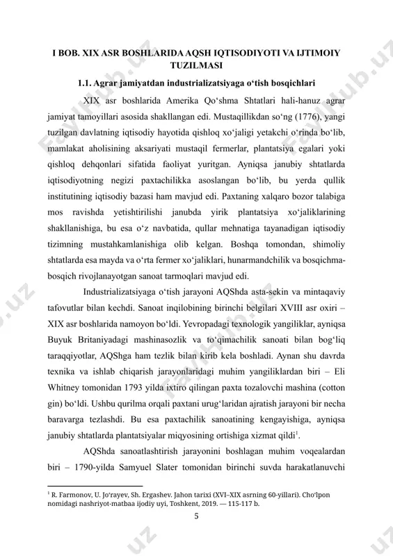 omidagi nashriyot-matbaa ijodiy uyi, toshkent, 2019. — 115-117 b.] aqshda sanoatlashtirish jarayonini boshlagan muhim voqealardan biri – 1790-yilda samyuel slater tomonidan birinchi suvda harakatlanuvchi to‘qimachilik fabrikasining tashkil topishidir. slater buyuk britaniyadagi to‘qimachilik mashinalari dizaynini aqshga olib kelib, pawtucket (rod-aylend shtati) shahrida ishlab chiqarishni yo‘lga qo‘ydi. bu hodisa o‘z-o‘zidan shimoliy shtatlarda fabrika sanoatining ilk bosqichini boshlab berdi. ushbu sanoat markazlarining tashkil etilishi, ayniqsa massachusets, nyu-york, pensilvaniya va rod-aylendda to‘qimachilik, po‘latsozlik, kimyo, yog‘ochni qayta ishlash kabi sohalarda ishlab chiqarish kuchining vujudga kelishiga olib keldi. sanoatlashtirish jarayonida ichki infratuzilma, ayniqsa transport tarmoqlarining rivoji alohida o‘rin tutdi. xix asrning birinchi yarmida aqsh hukumati va xususiy sektor tomonidan ko‘plab kanal, yo‘l va keyinchalik temiryo‘l loyihalari amalga oshirildi. 1825-yilda ochilgan erie kanali nyu-york shtatini g‘arbiy ichki hududlar bilan bog‘lab, shimoliy iqtisodiyotning ichki bozor bilan integratsiyalashuvini tezlashtirdi. shuningdek, 1830-yillardan boshlab temiryo‘l tarmog‘ining kengayishi transport xarajatlarini keskin kamaytirib, xom ashyo va tayyor mahsulotlarni uzoq masofalarga tez yetkazib berish …