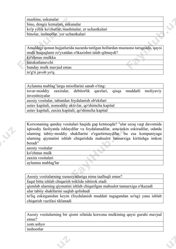 axiralari va kechiktirilgan xarajatlar tugallanmagan ishlab chiqarish va aylanma mablag'lar aylanma ishlab chiqarish fondlari va ishlab chiqarish zaxiralari korxonalarning ishchilar soniga va ruxsat etilgan yillik kapital aylanmasi qarab tasnifi quyidagi hisoblanadi. to'g'ri javobni ko'rsating. kichik korxonalar (100 kishigacha); o'rta korxonalar (100 dan 250 kishigacha); yirik korxonalar (250 kishidan ortiq). kichik korxonalar (50 kishigacha); o'rta korxonalar (150 kishigacha); yirik korxonalar (250 kishigacha). kichik korxonalar (100 kishigacha); o'rta korxonalar (200 kishigacha); yirik korxonalar (500 kishigacha). kichik korxonalar (50 kishigacha); o'rta korxonalar (100 kishigacha) va yirik korxonalar (150 kishigacha). korxonaning hayot tsiklini ko'rsating: bozorga kirish; o'sish; etuklik; pasayish. reja, bozorga kirish, etakchilik pozitsiyasi, etuklik, bankrotlik. bozorga kirish, o'sish, barqarorlik, foyda. harakatlar rejasi, maqsadi, o'sishi, etukligi, pasayishi, bankrotligi. makro muhitning asosiy omillariga nima taalluqli emas moliyaviy imkoniyatlar, korxonaning asosiy fondlari demografik, siyosiy va huquqiy sharoitlar ijtimoiy-madaniy sharoitlar, tabiiy-iqlim sharoitlari ijtimoiy-madaniy sharoitlar (an'analar, din, urf-odatlar, odatlar, til, mamlakat ta'limi va madaniyatining rivojlanish darajasi) siyosiy va …