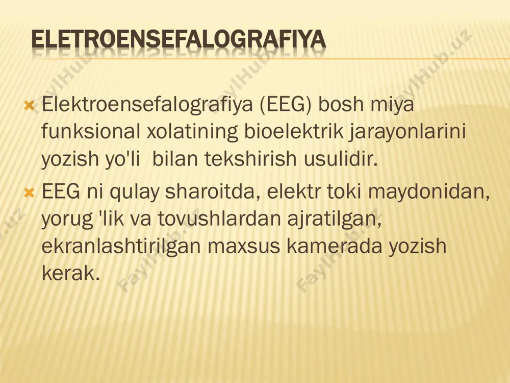 oshmagan, amplitudasi bir necha yuz mkv ga yetishi mumkin. cho'qqilar fenomeni xam shu jumladandir. bosh miya kasalliklarida eeg o'zgarishlari  epilepsiya - bu kasallikda eeg uzgarishlari kata axamiyatga ega. ensefalogrammada epileptik yoki talvasa faolligi deb nomlanuvchi , gipersinxron razryadli paroksizmlar kuzatiladi.  eeg dagi uzgarishlar bemordagi klinik belgilar bilan uygunlashsa, epilepsiya tashxisiga gumon tugdirmasligi lozim. shu bilan birga, soglom odamda paroksizmal razryadlar kuzatilishi, kasallikning subklinik kechayotganligidan va xurujlar rivojlanishi xavfidan darak beradi.  bosh miya usmalari: miya usmasi bulgan bemorlarning eeg sida asosiy belgi usma joylashgan soxada sust teta- va delta- tulkini faollik xolati kuzatilishidir.chukur joylashgan yarimshpr usmasida eeg da zararlangan yarimshar buylab diffuz sust faollik paydo buladi. yuza joylashgan usmalarda esa sust faollik nisbatan chegaralangan va patologik jarayon joylashishiga mos keladigan zaralangan yarimshar ustida yoziladi.  bosh miya qon tomir kasalliklari: bosh miya kon tomirlari tromboz va stenozlarida eeg da sust tulkinli teta va delta diapozonli maromlar vujudgv kelishi …
