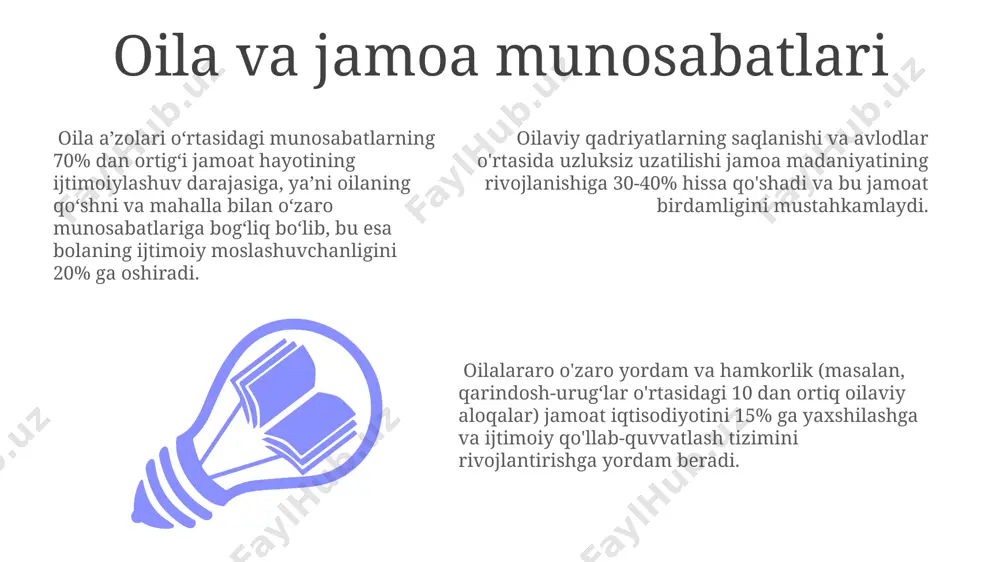 aniyatni shakllantirishda muhim rol o'ynaydi. oila, 3 avloddan ortiq bo'lgan oilalarda kuzatiladiganidek, siyosiy an'analar va qarashlarni avloddan-avlodga uzatishda muhim vosita hisoblanadi. oila a'zolarining ijtimoiylashuvi oilaviy munosabatlarning sifati, ya'ni oila a'zolari o'rtasidagi ishonch va qo'llab-quvvatlash darajasi, individual ijtimoiy moslashuvchanlik va psixologik salomatlikka bevosita ta'sir ko'rsatib, baxtlilik darajasini taxminan 70% ga oshirishi mumkin. oila, jamiyatning kichik bir modeli sifatida, a'zolarning ijtimoiy rollarni o'rganishi, masalan, mas'uliyat, hamkorlik va muloqot kabi qadriyatlarni singdirishda muhim ahamiyatga ega bo'lib, bu 5-7 yosh oralig'ida kuzatiladi. oila a'zolarining ijtimoiylashuvida 3 yoshgacha bo'lgan bolaning asosiy ijtimoiy ko'nikmalarini, masalan, tilni o'rganish va his-tuyg'ularni ifodalashni o'rgatishda ota-onalarning roli 90% dan ortiqni tashkil etadi. oilada ijtimoiy rollarning shakllanishi oila, ijtimoiy mobillilikning muhim omili sifatida, a’zolarning 25% gacha bo‘lgan qismining kasb tanlashida va ijtimoiy mavqeiga erishishida rol o‘ynaydi, bu ijtimoiy stratifikatsiyaga ta’sir qiladi. oilaviy muhitning 70% dan ortig‘i bolaning ijtimoiy moslashuvchanligi va psixologik barqarorligiga bevosita ta’sir ko‘rsatib, uning kelajakdagi ijtimoiy rollarini belgilaydi. oila …