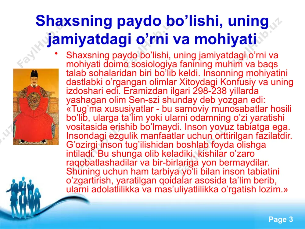 etuklikka erishuv uchun zarur bo’lgan narsalarni yetkazib beradi. shuning uchun inson shaxslari ko’paydilar va yerning aholi yashaydigan qismiga o’rnashdilar, natijada inson jamoasi vujudga keldi». free powerpoint templates page ‹#› inson fikrlovchi mavjudotdir. u ko’rgan va eshitganlarini yodda saqlaydi, o’z xayoloti, tasavvurlash qobiliyati vositasida bilimlarni, ma’lumot va axborotlarni tahlil qiladi, umumlashtiradi, ularni transformasiyalaydi, boshqalarga uzatadi, bilim va tajribalarni takomillashtiradi, o’z maqsadlari, orzulari va istaklarini tasavvurlay oladi. insondagi bu xususiyatlarni bn sino shunday talqin etadi: «inson umumiy qarashlarga nuqtai nazar bildirish va alohida narsalar to’g’risida fikrlash qobiliyatlariga egadir: u foydali yoki zararli ishni qilish va qilmaslik, go’zallik va xunuklikni farqlash, yaxshi va yomonni ajratish qobiliyatlariga ega. ular qiyoslash va tafakkurlash vositasida shakllanadi.... shunday qilib, inson ruhining birinchi kuchi aqliy mushohadaga taalluqli bo’lib, u aqliy tafakkur deb ataladi. ikkinchi kuch esa tajribaga taalluqli bo’lib, u tajribaviy fikrlash, deb ataladi. ular haqiqat yoki yolg’onni, shuningdek, xususiy narsalarga nisbatan yaxshi va yomonni aniqlash uchun xizmat …
