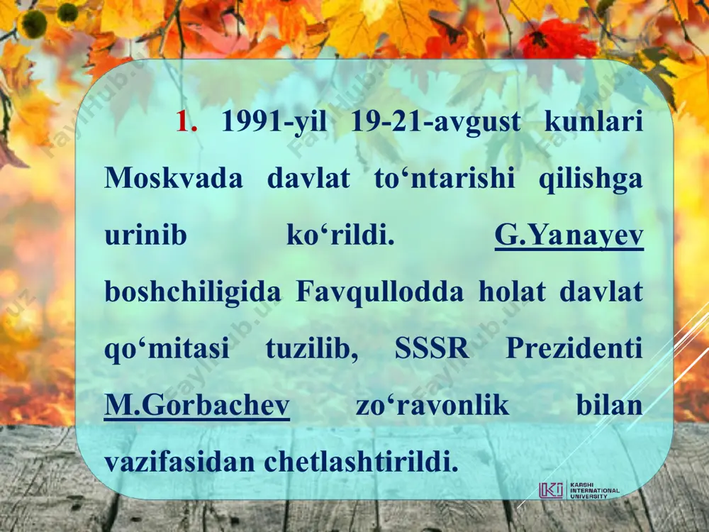 l avgust oyida nashr etilgan „o'zbekistonning o'z istiqlol va taraqqiyot yo'li“ asarida o'zbekistonning taraqqiyot yo'lini har tomonlama puxta asoslab berdi. bu taqaqqiyotning “o’zbek modeli” deb atalgan. 1993-yilda nashr etilgan „o'zbekiston bozor munosabatlariga o'tishning o'ziga xos yo'li“ nomli asarida islom karimov yangi jamiyat qurishning besh tamoyilini asoslab berdi. 1. iqtisodiyotni mafkuradan xoli etish, iqtisodning siyosatdan ustunligi, o'ziga xos ichki qonunlarga muvofiq rivojlanishi. 2. davlat bosh islohotchi, iqtisodiy o'zgartirishlarning tashabbuskori. 3. qonun ustuvorligi, qonun oldida hammaning barobarligi va hammaning qonunga bo'ysunishi. 4. bozor iqtisodiyotiga o'tishning barcha bosqichlarida kuchli ijtimoiy siyosat yuritish, aholining muhtoj tabaqalarini ijtimoiy himoyalashning ustuvorligi. 5. bozor iqtisodiyotiga bosqichma-bosqich va izchil ravishda o'tish, islohotlarni inqilobiy sakrashlarsiz amaiga oshirish. o’zbekiston respublikasi davlat bayrog’i—1991-yil 18-noyabr (farhod yo’ldoshev) o’zbekiston respublikasi davlat gerbil—1992-yil 2-iyul (anvar mamajonov) o’zbekiston respublikasi davlat konstitutsiyasi—1992-yil 8-dekabr foydalanilgan adabiyotlar: 1. karimov i.a. yuksak ma’naviyat – yengilmas kuch. – toshkent: ma’naviyat, 2008. 2. karimov i.a. o’zbekiston mustaqillikka erishish ostonasida. – toshkent: …