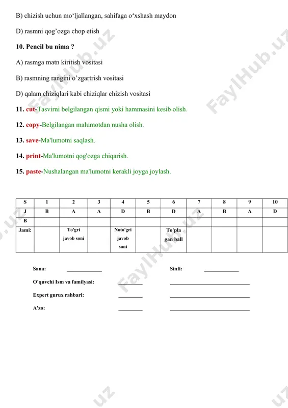 _________ a'zo: _________ ______________________________ informatika fanidan 6-sinflar uchun manitoring test 1._____________- elektron jadvallardagi bir nechta qiymatlarni bir biriga qoʻshuvchi funksiya. a)sum b) abs d)exp 2. quyidagi formula orqali e3 katagiga qanday natija chiqadi? a)20 b)5 d)46 3. quyidagi formula orqali e1 katagiga qanday natija chiqadi? a) 40 b)0 d)10 4. quyidagi formula orqali d2 katagiga qanday natija chiqadi? a) 1 b)38 d)12 5. ma’lumotlar bazasida soʻrovning vazifasi nimadan iborat? a) koʻplab ortiqcha maʼlumotlarni qoldirib, aniq maʼlumotni qidirish imkonini bermaydi b) koʻplab ortiqcha maʼlumotlarni qoldirib, aniq maʼlumotni qidirish imkonini beradi d) to’g’ri javob keltrilmagan 6. qidiruvlardagi yulduzcha * nima deb ataladi? a) guruh belgisi b) shartli belgi d) znak 7. ma’lumotlar bazasida saralash qanday ma’noni anglatadi? a) qayta nom berish b) tartibga keltirish yoki guruhlarga ajratish. d) to’g’ri javob keltirilmagan 8. ma’lumotlar bazasida and ning vazifasi nima? a) mantiqiy qo'shish amali b) mantiqiy ko'paytirish amali d) mantiqiy inkor amali 9. ma’lumotlar …
