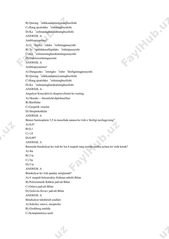 attalashganligi b) drenaj sistema yukligi c) mezodermal tukima surilmasligi, skleraning yupkaligi d) silliar tana giperfunksiyasi answer: a buftalmsababi? a) ko‘zolmasikattalashganligi b) drenaj sistema yo‘kligi c) mezodermalto‘kimaso‘rilmasligi, skleraningyupkaligi d) silliartanagiperfunksiyasi answer: a bushashgan muskulni kalta kilish operatsiyasi nima deyiladi? a) tenorafiya b) retsessiya c) ambliopiya d) ekstirpatsiya answer: a chaqaloqlarda gonoblenoreyaning asosiy klinik belgilari? a) qizarish, shish, «go`sht yuvindisi» simptomi b) qizarish, shish, konyuktiva qopi qalinlashishi c) qizarish, shish, konyuktivadan yiringli ajralma d) qizarish, shish, konyuktivadan serozli ajralma answer: a chin bosim nima? a) oftalmotonusni tanometrik kursatkichlari bevosita yul bilan b) oldingi kamera suyukligi bosimi c) miotiklar tomizilgandan sunggi bosim d) kuz gidrodinamikasidagi bosim answer: a chin bosimnima? a) oftalmotonusnitanometrikko‘rsatkichlaribevositayo‘lbilan b) oldingi kamera suyukligibosimi c) miotiklartomizilgandansunggibosim d) ko‘zgidrodinami-kasidagibosim answer: a dakriosistorinostomiyaning maqsadi: a) ko`z yosh xaltasi va burun o`rtasida yo`l tayyorlash b) ko`z bosimini oshirish c) ko`z bosimini tushirish d) 2 ko`zni ko`z yosh yo`llarini birlashtirish answer: a dakriotsistit nima? a) …