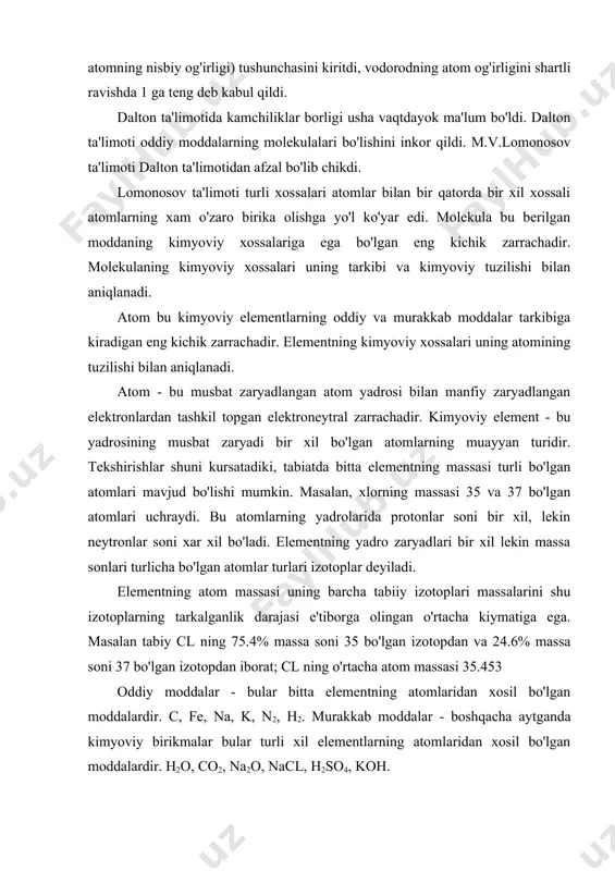 g atomlaridan xosil bo'lgan moddalardir. h2o, co2, na2o, nacl, h2so4, koh. xozirgi tasavvurlarga kura moddalar gaz va bug xolatida molekulalardan tarkib topgan bo'ladi. molekulyar strukturaga ega bo'lgan moddalargina qattiq (kristall) xolatida xam molekulalardan tarkib topadi. bularga, masalan, organiq moddalar, metallmaslar ayrim istisnolardan tashqari so2, n2o kiradi. kattik (kristall) anorganik moddalarning kupchiligida molekulyar struktura bo'lmaydi. ular molekulalardan emas, balki boshqa zarrachalardan (ionlardan, atomlardan) tarkib topgan va makrojismlar xolida mavjud bo'ladi (nacl kristallari, kvars zarrachalari, temir parchasi va boshqalar). agar anorganik makrojismlar bitta kimyoviy elementning bir xil atomlaridan tarkib topgan bulsa, u xolda kimyoviy birikmalar bo'ladi. molekulyar strukturali moddalarda molekulalar orasidagi kimyoviy bog'lanish puxtaligi molekula ichidagi atomlar orasidagi bog'lanishga qaraganda bushrok bo'ladi. shu sababli ularning suyuqlanish va qaynash temperaturasi nisbatan past bo'ladi. nomolekulyar strukturadagi moddalarda zarrachalar orasidagi kimyoviy bog'lanish juda puxta bo'ladi. shu sababli ularning suyuqlanish va qaynash temperaturasi xam yuqori bo'ladi. kristallarning ma'lum shaklga va anizatroplik xossasiga ega bo'lishi ularning ichki …