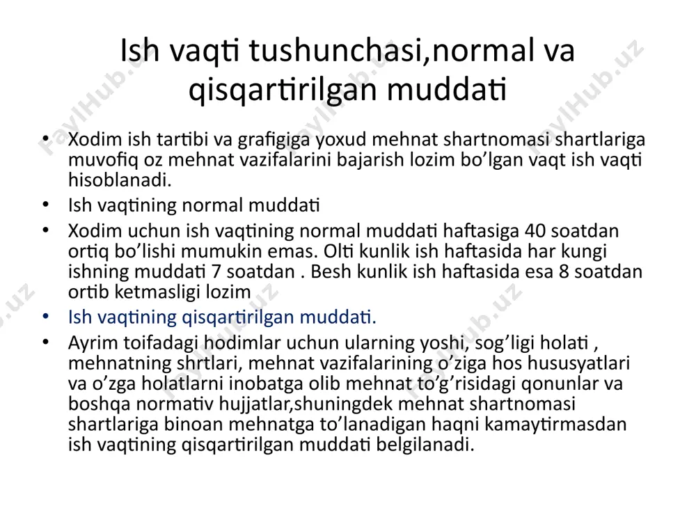 ifadagi) ( tibbiyot xodimlari,pedagoglar va boshqalar) uchun 36 soatdan oshmaydigan qilib belgilanadi. ish haftasining turlari: ish haftasining turi (2 kun dam oladigan 5 kunlik ish haftasi 1 kun dam oladigan 6 kunlik ish haftasi) bunda- ish vaqti o’z navbatida korxonada ichki mehnat tartib qoidalari ,boshqa lokal normativ hujjatlar bilan , bu hujjatlar bo’lmaganda esa –xodim bilan ish beruvchi kelishuvga binoan belgilanadi. xodimni surinkasiga 2 smenada davomida ishga jalb etish taqiqlanadi. bayram kunlari arafasida kundalik ish muddati barcha xodimlar uchun kamida 1 soatga qisqartiriladi. tungi vaqtda ishning muddati 22:00 dan 06:00 gacha bo’lgan vaqt tungi vaqt deb hisoblanadi xodim uchun belgilangan kundalik ish muddatidan tashqari ishlash ish vaqtidan tashqari ish hisoblanadi. ish smenasining muddati 12 soatdan iborat bo’lganda shuningdaek mehnat sharoiti o’ta og’ir va o’ta zararli ishlarda ish vaqtidan tashqari ishlarga yo’l qo’yilmaydi. dam olish vaqti: dam olish vaqti- xodim mehnat vazifalarini bajarishdan holi bo’lgan va bundan u o’z ixtiyoriga ko’ra …