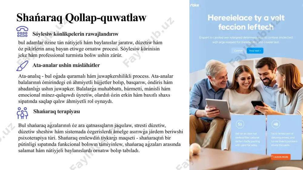 bekkemleydi. sociallıq turaqlılıq: psixologiyalıq járdem adamlardıń jeke hám shańaraqlıq mashqalaların sheshiwge járdem beredi, bul bolsa ulıwma sociallıq turaqlılıqtı arttıradı. 10 máhállelerde psixologiyalıq xizmet jámiyettegi psixologiyalıq hám sociallıq mashqalalardı sheshiwde áhmiyetli rol oynaydı. bul jumıs xalıqtıń ruwxıy salamatlıǵın jaqsılaw, stressti basqarıw, sociallıq mashqalalardı sheshiw hám ulıwma abadanlıqtı arttırıwǵa xızmet etedi. máhállelerde psixologiyalıq járdemdi shólkemlestiriw, sociallıq turaqlılıqtı saqlawǵa, adamlardıń óz-ara qatnasıqların jaqsılawǵa hám olardıń psixologiyalıq salamatlıǵın qollap-quwatlawǵa járdem beredi. máhállede hayal-qızlardıń psixologiyalıq mútájliklerin esapqa alıw, olardıń ruwxıy abadanlıǵın támiyinlew, shańaraqlıq hám sociallıq juwapkershiliklerin basqarıwǵa járdem beredi. hayal-qızlar ushın psixologiyalıq járdem, olardıń ózin-ózi bahalawın arttırıw, sociallıq belsendiligin rawajlandırıw, ruwxıy turaqlılıǵın saqlaw ushın nátiyjeli baǵdarlamalar islep shıǵıw hám ámelge asırıw zárúr. bul process máhállede jámáátlik ruwxtı bekkemlew hám gender teńlikti támiyinlewge járdem beredi. juwmaq 11 bandaloski, rl & óliri, a. (2007). "jámiyet ortalıǵında psixologiyalıq aralasıw": baron, ra hám byrne, d. (2008). "sociallıq psixologiya" rappaport, j. (1981). "paradoksti maqtawda: aldın alıw boyınsha wákilliklerdi kúsheytiwdiń sociallıq …