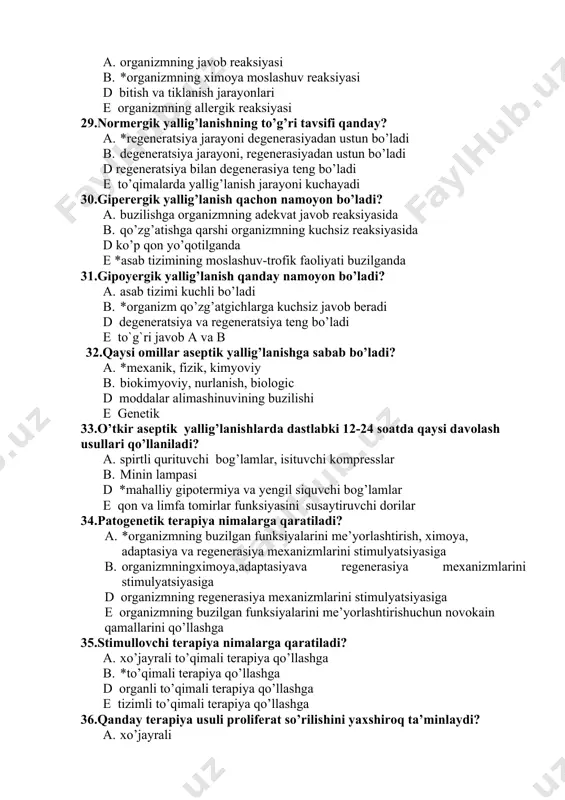 i stimulyatsiyasiga e organizmning buzilgan funksiyalarini me’yorlashtirishuchun novokain qamallarini qo’llashga 35.stimullovchi terapiya nimalarga qaratiladi? a. xo’jayrali to’qimali terapiya qo’llashga b. *to’qimali terapiya qo’llashga d organli to’qimali terapiya qo’llashga e tizimli to’qimali terapiya qo’llashga 36.qanday terapiya usuli proliferat so’rilishini yaxshiroq ta’minlaydi? a. xo’jayrali b. organli d tizimli e *to’qimali 37.yallig’lanishda termokauterizatsiya qanday maqsadda qo’llanadi? a. qon to’xtatish maqsadida kuydirish b. *davolash maqsadida kuydirish d isitish maqsadida kuydirish e davolash maqsadida kompress bog’lash 38.isituvchi kompressda ketma-ketligi bo’yicha qanday qavatlar mavjud? a. *ushlab turuvchi, issiq saqlovchi, nam o’tkazmaydigan, namli b. issiq saqlovchi, ushlab turuvchi, nam o’tkazmaydigan, namli d nam o’tkazmaydigan, ushlab turuvchi, issiq saqlovchi, namli e namli, ushlab turuvchi, issiq saqlovchi, nam o’tkazmaydigan 39.yallig’lanishda epiplevral novokain qamali kimning usuli bo’yicha bajariladi? a. tixonin i.ya. b. *mosin v.v. d shakurov m.sh. e plaxotin m.v. 40.yallig’lanishda qoramollarda paranefral novokain qamali kimning usuli bo’yicha bajariladi? a. *senkin m.m. b. mosin v.v. d shakurov m.sh. e plaxotin …