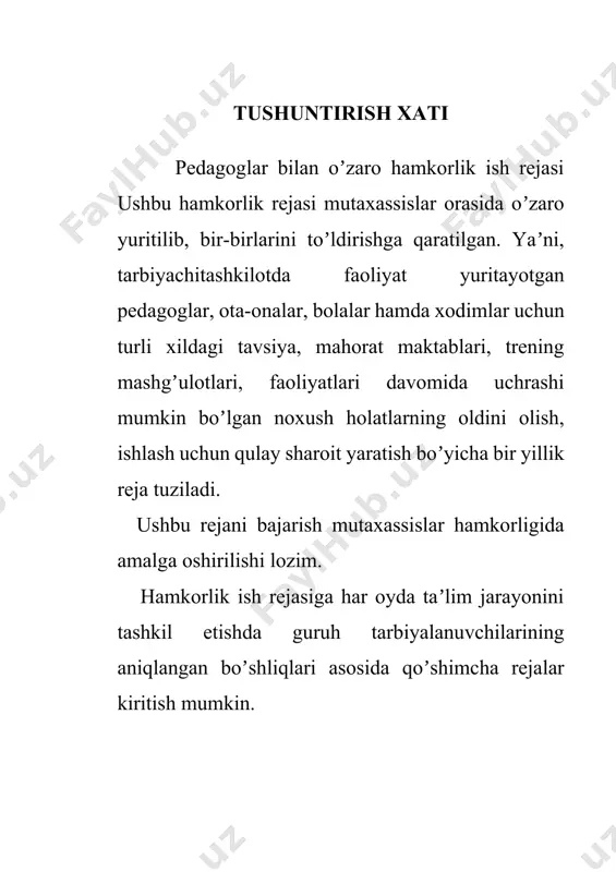 rok etish 2021-2022 o‘quv yili davomida o‘quvlar ota-onalar bilan hamkorlik 7 kuzatuv kengash bilan xamkorligidagi ishlarni yo‘lga solish, yig‘ilishlarda ishtirokini taminlash. 2021-2022 o‘quv yili davomida seminar va tadbirlar 8 bolalarning kattalar va tengdoshlariga bo‘lgan munosabatini aniqlash. bolaning tengdoshlari bilan muloqotga kirishish qobiliyatini rivojlantirish 2021-2022 o‘quv yili davomida faoliyatlar kuzatuvi psixolog bilan hamkorlik 9 9- maktabgacha ta’lim tashkilotida pedagog va xodimlar orasida shaxslar aro munosabatlarni yaxshilash da trening usulidan foydalanish. 2021-2022 o‘quv yili davomida seminar, treninglar 10 dmttga yangi qabul qilingan, guruhdan guruhga o‘tkazilgan tarbiyalanuvchilarning bolaning aqliy qobiyatini rivojlantirish bo‘yicha hamkorlikda ishlash 2021-2022 o‘quv yili davomida suhbat maslahat 11 3-7 yoshli bolalarning qobiliyatlarini hisobga olgan holda ularni maktabga tayyorligi imkoniyatlarini aniqlash 2021-2022 o‘quv yili davomida kuzatuv 12 3-7 yoshli bolalarning qobiliyatlarini xisobga olgan xolda ularni maktabga tayyorligi rivojlanish xaritani yuritish bo‘yicha mutaxassis bilan hamkorlik. 2021-2022 o‘quv yili davomida faoliyatlar kuzatuvi musiqa rahbar(xodim) bilan hamkorlik 13 3-7 yoshli bolalarning qobiliyatlarini xisobga olgan …