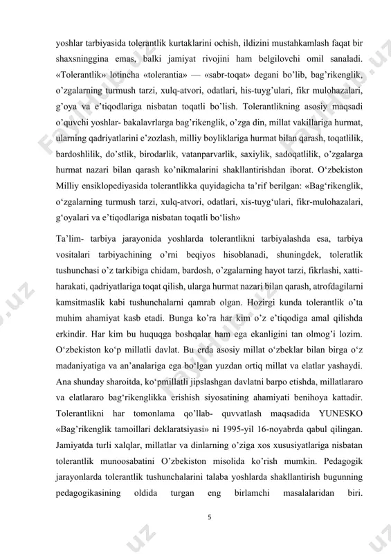 y bag‘rikenglik mavzusi muxim o‘rin olgan. pedagogik jarayonlar mutafakkir bobolarimiz, ilm olami keng ijodkorlarning asrlari bilan boyitilsa, bag’rikenglikning teran ma’nolari mohir pedagoglar tomonidan talabalarga yetkazib berilsa, bag’rikeng avlod tarbiya topadi. zero, barcha zamonlarda ham tolerantlik bilan oziqlangan qalblarga ehtiyoj bo’lgan. butun insoniyat uchun alohida shaxs uchun ham bag‘rikenglik, ya’ni tolerantlik birinchi darajali ahamiyatga egadir, bugungi kunda yangi hayotiy qadriyatlarning shakllanishi davrida ijtimoiy beqarorlik holati, iqtisodiyot, siyosat va hayotning boshqa sohalarida yuzaga keladigan makrosotsial o'zgarishlar o'rnatilgan an'anaviy stereotiplar va xulq-atvor normalarining buzilishiga olib keldi, millatlararo aloqa madaniyatining juda past darajasiga olib keldi va shu kabi travmatik omil bo'lib xizmat qildi.dunyoqarash va dunyoqarashning deformatsiyasiga olib keldi. shuni ta'kidlash kerakki, millatlararo vaziyatning murakkablashishi va dunyo sahnasiga kirib kelayotgan yangi aholi guruhlarining o'z-o'zini anglashining o'sishi millatlararo munosabatlarda keskinlikni keltirib chiqaradi va etnik ziddiyatlarning paydo bo'lishiga yordam beradi, bu millatlararo dunyodagi vaziyatni murakkablashtiradi. xalqning o'z-o'zini anglashning tez uyg'onishi, ijtimoiy-iqtisodiy, siyosiy, mafkuraviy sohalardagi demokratik o'zgarishlar yo'liga …
