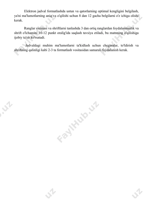 ning optimal kengligini belgilash, ya'ni ma'lumotlarning aniq va o'qilishi uchun 8 dan 12 gacha belgilarni o'z ichiga olishi kerak. ranglar sxemasi va shriftlarni tanlashda 3 dan ortiq ranglardan foydalanmaslik va shrift o'lchamini 10-12 punkt oralig'ida saqlash tavsiya etiladi, bu matnning o'qilishiga ijobiy ta'sir ko'rsatadi. jadvaldagi muhim ma'lumotlarni ta'kidlash uchun chegaralar, to'ldirish va shriftning qalinligi kabi 2-3 ta formatlash vositasidan samarali foydalanish kerak. 📌xulosa электрон jadvallarni formatlash orqali tarqatiladigan materiallar soni 20 dan kam bo'lmagan va 40 dan oshmasligi kerak. 📚foydalanilgan adabiyotlar 1. elektron jadvallarni formatlash va tarqatish materiallari bo'yicha qo'llanma. 2. microsoft excel dasturida hujjatlarni formatlash va chop etish. 3. google sheets dasturida ma'lumotlarni vizualizatsiya qilish va taqdimot tayyorlash. 4. biznesda elektron jadvallardan foydalanish va ularni formatlashning amaliy usullari. 5