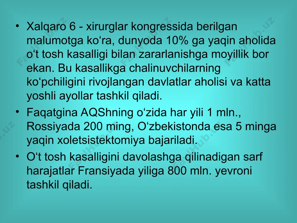 v belgilar: o‘ng qovurg‘a ravog‘i ostida og‘riq og‘riq irradiatsiyasi ko‘ngil aynishi og‘izda achchiq ta'm va qurishi jig‘ildon qaynashi qayt qilish og‘riqning ovqat bilan bog‘liq ligi qorinning dam bo‘lishi ob'ektiv belgilar kattalashgan o‘t qopi qorin devori tarangligi simptomlar: merfi, myussi, ker. grekov-ortner, reflektor stenokardiya temperatura ortishi leykotsitoz echt ning ortishi o’tkir toshli xoletsistitda eng ko’p uchraydigan simptomlar. ortner-grekov simptomi: o’ng qovurga ravogi urib korilganda ot pufagi proyeksiyasida ogriq kuzatiladi. merfi simptomi: o’t pufagini nafas olganda paypaslaganda ogriqning kuchayishi. ker simptomi: o’t pufagi proyeksiyasini bosib korilgada ogriq kuzatilishi. myussi-georgievskiy simptomi : to’s muskuliga oyoqchalari orasidagi ong diafragmal nerf bosilganda ogriq ruzatilishi. o‘tkda og‘riq lokalizatsiyasi o‘ng qovurg‘a ravog‘i ostida, epigastral sohada o‘tk diagnostika usullari anamnez obektiv ko’ruv duodenal zondlash ultratovushli tekshiruv (uzi) kontrast rentgenografiya (xoletsisto-, xolangiografiya) kompyuter tomografiya (kt) diagnostik laparoskopiya magnit-rezonans tomografiya (mrt). o‘t pufagining normal manzarasi (uzi) o‘t qopi bo‘shlig‘i o‘t qopi devori o‘t qopi yo‘li jigar to‘qimasi o‘t pufagidagi toshlar …