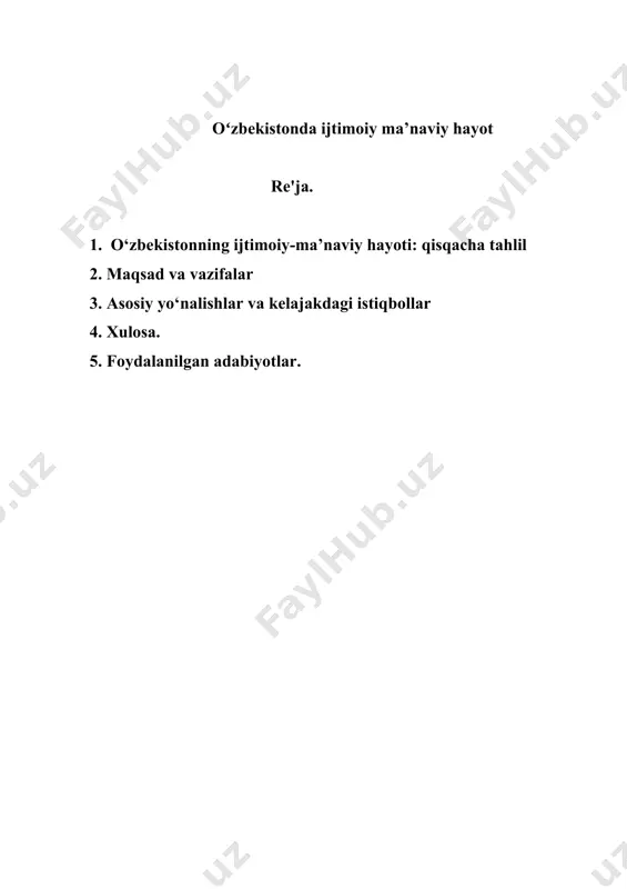 lar, muzeylar va kutubxonalar faoliyati rivojlantirilyapti. 5. axborot makonida ma’naviyat: internet va ommaviy axborot vositalari orqali milliy ma’naviyatni targ‘ib qilish ishlari olib borilmoqda. yoshlarni zararli axborotlardan himoya qilish choralari ko‘rilmoqda. muammolar va imkoniyatlar: oʻzbekiston ijtimoiy-ma’naviy hayotida bir qator muammolar ham mavjud, masalan, globallashuv ta’sirida milliy qadriyatlarning yo‘qolib borishi, internetdagi zararli kontentlar va yoshlar orasida begona g‘oyalarning tarqalishi. shu bilan birga, davlat tomonidan olib borilayotgan islohotlar ushbu muammolarni bartaraf etishda muhim o‘rin tutmoqda. oʻzbekistonda ijtimoiy-ma’naviy hayotning rivoji mamlakatni har tomonlama barqaror va ma’naviy jihatdan kuchli jamiyatga aylantirish yoʻlidagi muhim omil hisoblanadi. milliy va umuminsoniy qadriyatlarning uyg‘unlashuvi orqali jamiyatda birlik va totuvlik mustahkamlanmoqda. oʻzbekistonda ijtimoiy-ma’naviy hayotni rivojlantirish jarayoni davomida davlat va jamiyatning barcha qatlamlari o‘zaro hamkorlikda harakat qilmoqda. bu jarayonni yanada chuqurroq tushunish uchun quyidagi jihatlarga eʼtibor qaratish lozim: 1. oila va ma’naviyatning ahamiyati: oilaning tarbiya maskani sifatida roli: oila milliy ma’naviyatni avlodlarga yetkazishning asosiy omili hisoblanadi. o‘zbek jamiyatida oila qadriyatlari katta …