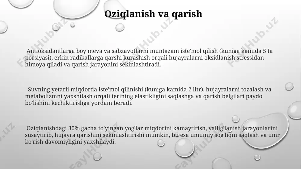 om turmush tarzining ahamiyati sog'lom turmush tarzini 30% gacha yurak-qon tomir kasalliklari xavfini kamaytirishga yordam beradi, bu esa umr ko'rish davomiyligini uzaytiradi. jismoniy faollikning muntazam 150 daqiqasi haftada qarish jarayonini sekinlashtiruvchi hujayra darajasidagi o'zgarishlarni keltirib chiqaradi. to'g'ri va muvozanatli ovqatlanish (5 meva va sabzavot kuniga), immunitet tizimini mustahkamlab, organizming qariyishga chidamliligini 20% ga oshirishi mumkin. e'tiboringiz uchun rahmat @taqdimot_robot image1.png image2.png image3.png