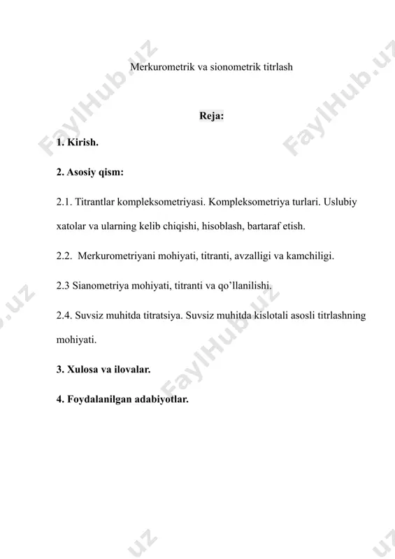 sita), qoldikli, bilvosita va differensial titrimetrik analiz farklanadi. koldikdi usul aniklanadigan modda standart, titrlangan eritma bilan reaksiyaga kirishmaganda yoki reaksiyaga juda suyet kirishganda qoʻllanadi. bilvosita usulda modda standart titrlangan eritma bilan bevosita reaksiyaga kirishmaganda amalga oshiriladi. differensial usul bir vaqtda 2 moddani aniqlashda qoʻllanadi. kimyoviy reaksiyalar jarayoniga qarab. titrimetrik analiz kislotaasos, oksidlanishqaytarilish, kompleksometriya, choʻkmaga tushirish usullariga; titrlashning oxirgi nuqtasini indikatsiyalash usuliga kura, rangli indikator, potensiometrik, ampermetrik, konduktometrik titrlashga boʻlinadi. titrimetriyada turli-tuman reaksiyalar ishlatiladi. titrlash asosida qanday reaksiya yotishiga qarab titrimetrik analizning quyidagi metodlari farqlanadi. 1.neytralizatsiya metodlari. asosida neytralizatsiya reaksiyasi yotadi: h+ + oh- = h2o neytralizatsiya metodi bilan kislotalar, ishqorlar va shu bilan birga ba’zi tuzlarning miqdori aniqlanadi. 2. oksidlanish- qaytarilish metodlari (oksidimetriya). bu metodlar oksidlanish- qaytarilish reaksiyalariga asoslangan. oksidlovchi eritmalari yordamida qaytaruvchi moddalarning miqdori aniqlanadi va aksincha. 3. ionlarni qiyin eruvchan birikmalar ko’rinishida cho’ktirishga va kam dissotsilangan kompleksga bog’lashga asoslangan cho’ktirish va kompleks hosil qilish metodlari. titrlashning quyidagi usullari …