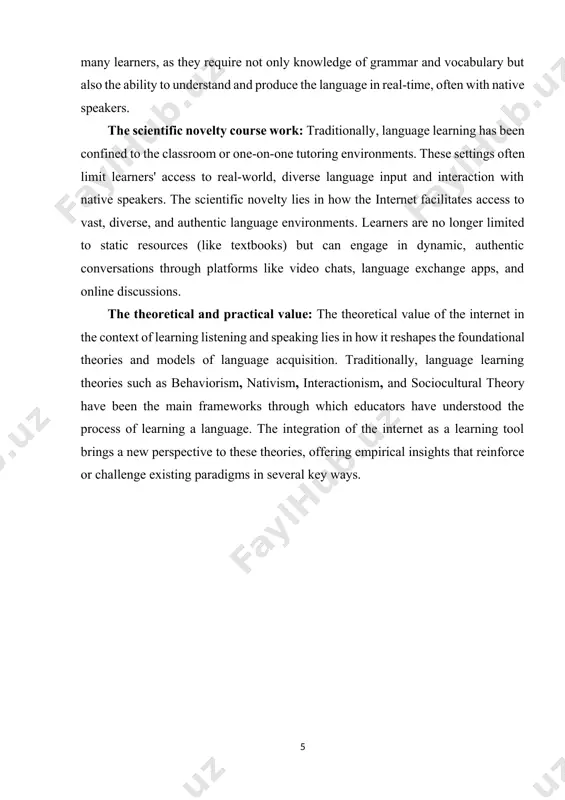 pment оf the higher educаtiоn system оf the republic оf uzbekistаn until 2030". sources and literature. 1. baker, c., & jones, s. (2021). the role of online resources in enhancing listening skills in esl learners. journal of language teaching and research. 2. chen, y., & zhang, h. (2020). digital platforms and their impact on language acquisition: a focus on listening and speaking skills. international journal of educational technology. 3. davis, k. (2022). online learning environments: the future of language acquisition. language learning & technology. 4. fitzpatrick, t. (2021). enhancing oral proficiency through online interaction: a study of esl learners. tesol journal. 5. gonzález, a. (2020). the internet as a tool for developing listening comprehension in foreign language learners. foreign language annals. 6. hernandez, e. (2023). the impact of e-learning on speaking skills development in english language learners. international review of applied linguistics. 7. jiang, l., & li, j. (2021). the …