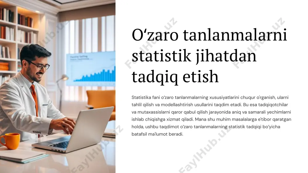 o tanlanmalar tahlili asosida qabul qilingan qarorlar va olingan xulosalar bo'yicha amaliy reja ishlab chiqish. 5 oʻzaro tanlanmalarni taqqoslash: parametrik va noparametrik yondashuv parametrik yondashuv oʻzaro tanlanmalar parametrlari (o'rtacha, dispersiya, kovariya va boshqalar) asosida taqqoslash. noparametrik yondashuv oʻzaro tanlanmalar xususiyatlarini parametrlardan foydalanmasdan, ranglangan maketlar, rang, kattalik va boshqa kategorik belgilar asosida taqqoslash. qo'llash sohalari parametrik yondashuv odatda normal taqsimotga ega o'zgaruvchilar uchun, noparametrik yondashuv esa normal taqsimotga ega bo'lmagan o'zgaruvchilar uchun qo'llaniladi. 6 oʻzaro tanlanmalarni modellashtirish regressiya tahlili oʻzaro tanlanmalar orasidagi bog'liqlikni aniqlash va modellashtirish uchun qo'llaniladi. klaster tahlili oʻzaro tanlanmalarni ularning o'xshash xususiyatlari asosida guruhlarga ajratish usuli. vaqtli qatorlar tahlili oʻzaro tanlanmalarning ma'lum davr mobaynida yuz bergan o'zgarishlarini aniqlash va prognoz qilish uchun qo'llaniladi. monté-karlo simulyatsiyasi oʻzaro tanlanmalar uchun ehtimoliy modellarni yaratish va ularning xulosalanishi sifatini baholash usuli. 7 oʻzaro tanlanmalarni tahlil etishda dasturiy vositalardan foydalanish spss keng qamrovli statistik tahlil va modellashtirish uchun qo'llaniladi. r ochiq kodli dastur …