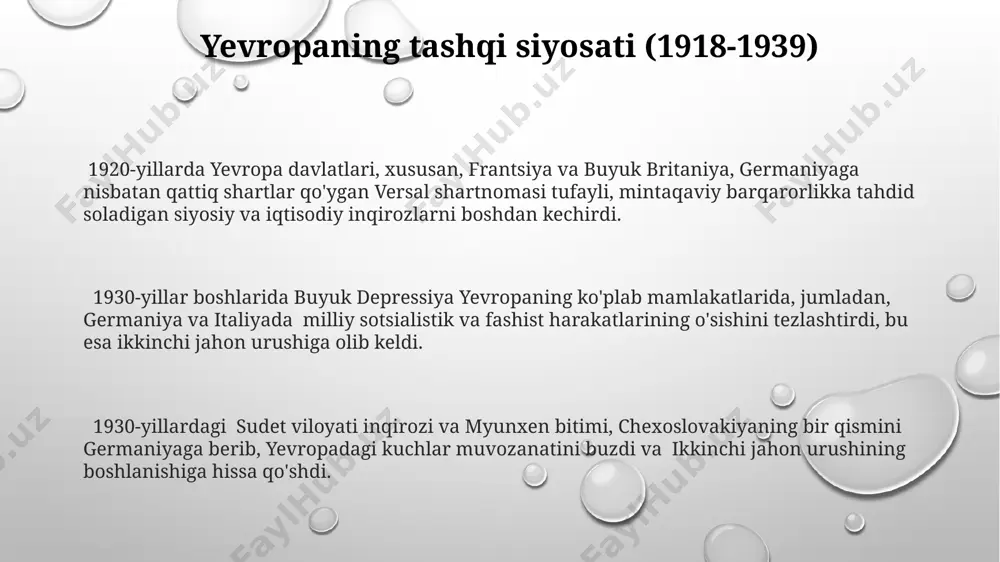lean va chikago shaharlarida, afro-amerikaliklarning musiqa va raqs madaniyatining gullab-yashnashi bilan ajralib turdi, bu esa jamiyatning turli qatlamlariga ta'sir ko'rsatdi. aqshda 1930-yillardagi buyuk depressiya davrida, 25 million kishi ishsiz qoldi va ko'plab oilalar qashshoqlikda yashadi, bu esa ijtimoiy dasturlar va "yangi kurs" siyosatining paydo bo'lishiga olib keldi. ikki jahon urushiga tayyorgarlik ikkinchi jahon urushi arafasida aqsh harbiy xarajatlari 1930-yillarning boshlarida sezilarli darajada kamaydi, ammo 1930-yillar oxiriga kelib, pearl harbor voqeasidan keyin keskin o'sdi. 1939 yilda polshaga bostirib kirishi bilan boshlangan ikkinchi jahon urushi yevropa va butun dunyo bo'ylab keng ko'lamli qirg'inlarga olib keldi, millionlab odamlar halok bo'ldi. 1930-yillarda yevropada fashizm va milliy sotsializmning ko'tarilishi, germaniya, italiya va yaponiya kabi davlatlarning agressiv siyosati ikkinchi jahon urushiga olib keldi. e'tiboringiz uchun rahmat @taqdimot_robot image1.png image2.png image3.png
