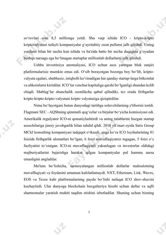 faqiyati va foydasini umuman kafolatlamaydi. nxt, ethereum, lisk, waves, eos va tezos kabi platformalarning paydo bo‘lishi nafaqat ico shov-shuvini kuchaytirdi. ular dunyoga blockchain buxgalteriya hisobi uchun daftar va aqlli shartnomalar yaratish muhiti taqdim etishini isbotladilar. shuning uchun bizning kitobimiz nafaqat sodir bo‘layotgan voqealarni tahlil qilish va tarixni chuqurlashtirishdan iborat. texnika taraqqiyoti tezlashmoqda va endi yangi ixtirolar va echimlar 50 yil oldin ham tasavvur qilib bo‘lmaydigan darajada rivojlanmoqda. ushbu jarayonda eng muhim rolni internet va xalqaro aloqa kanallarining rivojlanishi natijasida amalga oshirilgan axborot almashinuvining tezlashishi o‘ynaydi. so‘nggi o‘n yil ichida a'zolari turli mamlakatlarda joylashgan va bir-birini haqiqatda ko‘rmagan jamoalar tomonidan loyihalarni ishlab chiqish odatiy holga aylandi. internetdan keyin navbatdagi axborot texnologiyalari to‘lqini yaqinlashmoqda, ularning muhim tarkibiy qismlaridan biri blokcheyn texnologiyasi bo‘ladi, ya'ni tobora ko‘proq saqlash va tarqatiladigan axborotni qayta ishlashda inqilob deb ataladigan blokcheynlar. jahon iqtisodiyotida yangi yo‘nalish paydo bo‘lishiga 10 yildan kam vaqt kerak bo‘ldi - hali yosh va endigina …