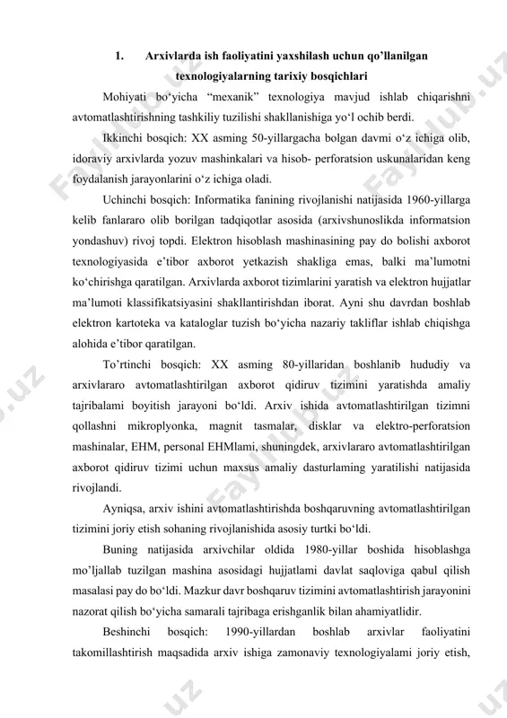 kiston milliy arxivlarini zamonaviy texnik vositalar bilan jihozlash hamda arxiv hujjatlarini boshqarish tizimi суад (система управления архивными документами - arxiv hujjatlarini boshqarish tizimi (ahbt)) elektron dasturini joriy etish bilan boshlangan. tizimning afzalligi: arxivga murojaat qilayotgan tadqiqotchiga kerakli hujjatlami qidirib topish uchun an’anaviy ma’lumot - axborot tizimida bir necha soatdan bir necha kungacha saraflansa, kompyuterdagi axborot-qidiruv xizmati orqali bor-yo‘g‘i 5-10 daqiqa vaqt sarflanadi. bu ish ma’lumotlar bazasi kiritilgan maxsus dastur mavjud bolgan kompyuterga kerakli kalit so‘zi kiritilishi yoki hujjat nomi muallifining initsialini kiritish orqali bajariladi. bundan ko‘rinib turibdiki, elektron qidiruv tizimi o‘zining ustunligi bilan qisqa vaqt ichida so‘ralgan ma’lumotlami qidirib topish imkonini beradi. umuman olganda, arxiv ishini avtomatlashtirish jarayoni bevosita fan-texnikani rivojlantirish bilan bogliq bo‘lib, bunda bevosita jamiyatni arxivlarda saqlanayotgan axborotni qulay shaklda tez va sifatli qidirish va undan nusxa ko‘chirishga bolgan talablarini bajarish bilan bogliq bolgan. shuni alohida ta’kidlash kerakki, vaqt o‘tishi bilan elektron darsliklar va kitoblar ham ulardan foydalanish …