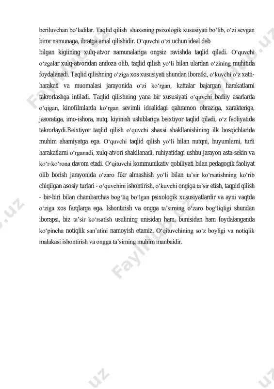 oqibatini hech qachon tuzatib bo‗lmasligini o‗qituvchi doimo his etishi lozim. sh uni alohida ta‘kidlash lozimki, hozirgi kunda axborot texnologiyalari maydonining nihoyatda kengligi tufayli o‗quvchilar ongi keraksiz goya va mafkuralar bilan band bo‗lishi tabiiy hol. o‗qituvchilar yosh avlodni tarbiyalashda ongga ta‘sir qilishning keng imkoniyatlarini o‗z o‗rnida qo‗llay olsalar, o‗quvchilar ongini turli keraksiz g‗oyalar va mafkuralardan himoya qila oladilar. sh uni unutmaslik kerakki, o‗kuvchilar o‗zlarining yosh xususiyatlari va psixologik ta‘sirga moyilligi tufayli har qanday ta‘sirga nihoyatda beriluvchan bo‗ladilar. taqlid qilish shaxsning psixologik xususiyati bo‗lib, o‗zi sevgan biror namunaga, ibratga amal qilishidir. o‗quvchi o‗zi uchun ideal deb bilgan kigiining xulq-atvor namunalariga ongsiz ravishda taqlid qiladi. o‗quvchi o‗zgalar xulq-atvoridan andoza olib, taqlid qilish yo‗li bilan ulardan o‗zining muhitida foydalanadi. taqlid qilishning o‗ziga xos xususiyati shundan iboratki, o‗kuvchi o‗z xatti- harakati va muomalasi jarayonida o‗zi ko‗rgan, kattalar bajargan harakatlarni takrorlashga intiladi. taqlid qilishning yana bir xususiyati o‗quvchi badiiy asarlarda o‗qigan, kinofilmlarda ko‗rgan sevimli idealidagi qahramon …