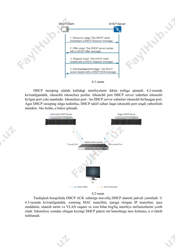 iga ega dhcp paketi keladi. dhcp snooping qanday ishlashini aniqlash uchun biz dhcp ning ish mexanizmini qo'lga olishimiz kerak, ya'ni dynamic host configuration protocol. dhcp yoqilgan bo'lsa, ip-manzilga ega bo'lmagan tarmoq qurilmasi dhcp serveri bilan quyidagi 4 bosqichda "o'zaro aloqada bo'ladi". dhcp snoopingni ishga turshirsh. dhcp snooping faqat simli foydalanuvchilar uchun amal qiladi. kirish qatlami xavfsizligi xususiyati sifatida u asosan dhcp tomonidan xizmat ko'rsatadigan vlan kirish portlarini o'z ichiga olgan har qanday kalitda yoqiladi. dhcp snooping-ni o'rnatishda siz himoya qilmoqchi bo'lgan vlan-da dhcp snooping-ni yoqishdan oldin ishonchli portlarni (haqiqiy dhcp server xabarlari o'tadigan portlar) sozlashingiz kerak. buni cli interfeysida ham, veb-interfeysda ham amalga oshirish mumkin. cli buyruqlari fs s3900 seriyali kalitlarda dhcp snooping konfiguratsiyasida taqdim etiladi. 4.1-rasm dhcp snooping odatda kalitdagi interfeyslarni ikkita toifaga ajratadi: 4.2-rasmda ko'rsatilganidek, ishonchli ishonchsiz portlar. ishonchli port dhcp server xabarlari ishonchli bo'lgan port yoki manbadir. ishonchsiz port - bu dhcp server xabarlari ishonchli bo'lmagan port. …