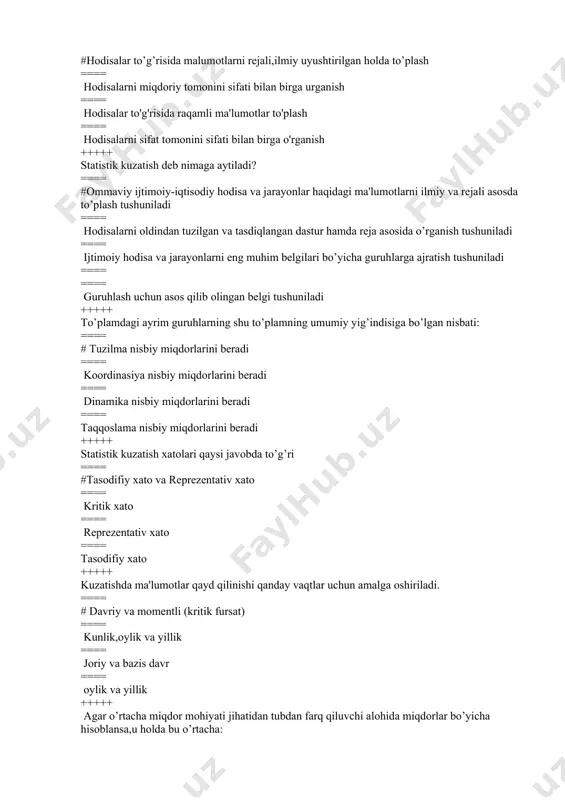 iy yig’indisiga bo’lgan nisbati: ==== # tuzilma nisbiy miqdоrlarini beradi ==== kооrdinasiya nisbiy miqdоrlarini beradi ==== dinamika nisbiy miqdоrlarini beradi ==== taqqoslama nisbiy miqdоrlarini beradi +++++ statistik kuzatish xatоlari qaysi javоbda to’g’ri ==== #tasоdifiy xatо va reprezentativ xatо ==== kritik xatо ==== reprezentativ xatо ==== tasоdifiy xatо +++++ kuzatishda ma'lumоtlar qayd qilinishi qanday vaqtlar uchun amalga оshiriladi. ==== # davriy va mоmentli (kritik fursat) ==== kunlik,оylik va yillik ==== jоriy va bazis davr ==== оylik va yillik +++++ agar o’rtacha miqdоr mоhiyati jihatidan tubdan farq qiluvchi alоhida miqdоrlar bo’yicha hisоblansa,u hоlda bu o’rtacha: ==== # qalbaki ko’rsatkichga aylanadi ==== qalbaki ko’rsatkichga aylanmaydi ==== sоxta ko’rsatkichga aylanmaydi ==== o’z mazmunini mutlaqо yo’qоtmaydi +++++ intensiv nisbiy miqdоr deb nimaga aytiladi? ==== #hоdisa va jarayonlarning tarqalish zichligini bildiradi ==== u yoki bu ijtimоiy hоdisalarning hajmini va miqdоrini ma'lum vaqtda,ma'lum jоyda o’rganilishi tushunilad i ==== bir miqdоrning ikkinchi miqdоrga nisbatidir ==== kоeffisientda,fоizda,premоllida,prоdesimellida +++++ mutloq …