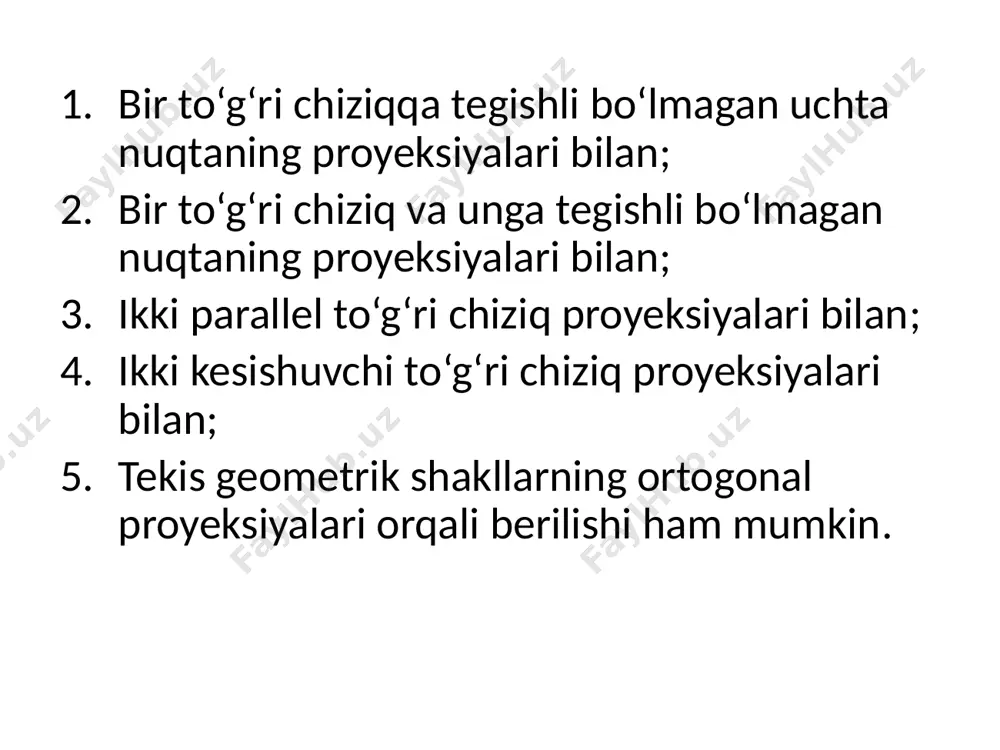 ) hamma vaqt bir-biriga parallel bo‘ladi. ammo proyeksiyalar tekisligidan talab qilingan masofada tekislikning faqat bitta bosh chizig‘ini o‘tkazish mumkin. tekislikning profil chizig‘i ta’rif. agar tekislikka tegishli to‘g‘ri chiziq profil proyeksiyalar tekisligiga parallel bo‘lsa, bu to‘g‘ri chiziq tekislikning profil chizig‘i yoki profili deyiladi. tekislikning profil chizig‘i bunda pq bo‘lib va p||w bo‘lsa, p to‘g‘ri chiziq q tekislikning profili bo‘ladi. chizmada tekislik profil chizig‘ining gorizontal va frontal proyeksiyasi ox o‘qiga perpendikulyar bo‘ladi. profil proyeksiyasi esa, proyeksiyalar o‘qlariga nisbatan turlicha joylashuvi mumkin. agar tekislik izlari bilan berilgan bo‘lsa, profilning profil proyeksiyasi tekislikning profil iziga parallel bo‘ladi. tekislikning eng katta og‘ma chizig‘i ta’rif. tekislikka tegishli va tekislikning bosh chiziqlaridan biri (gorizontal yoki frontal)ga perpendikulyar to‘g‘ri chiziq tekislikning eng katta og‘ma chizig‘i deb ataladi. agar p tekislikka tegishli e to‘g‘ri chiziq tekislikning gorizontaliga perpendikulyar bo‘lsa, u holda e to‘g‘ri chiziqni p tekislikning h tekislikka nisbatan eng katta og‘ma chizig‘i deyiladi. p tekislikning h tekislikka eng …