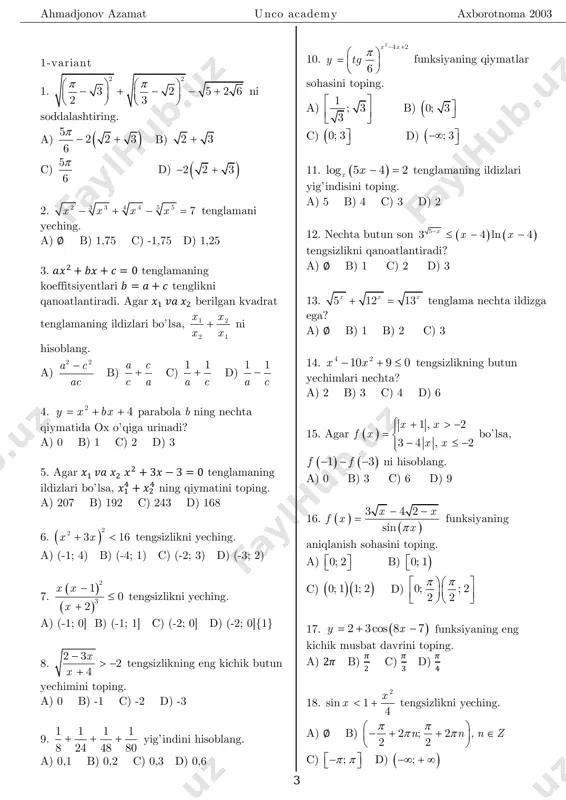 c) 0,392 d) 0,416 3. 6 61 sin 22,5 cos 22,5    ni hisoblang. a) 3 1 2  b) 6 5 4  c) 10 3 2 8  d) 16 7 2 16  4. 2 1 cos sin 0 2 3 3 x x tg x                       tengsizlikni yeching. a) ; , 3 2 n n n z              b) ; , 3 3 n n n z              c) ; , 3 6 n n n z              d) ; , 6 3 n n n z …