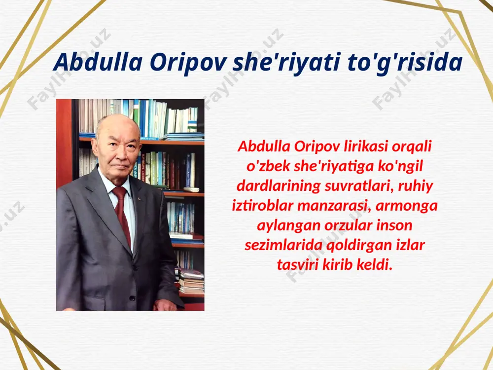 bar kelinchakning ko'ksida g'ulu zardoli shoxiga tashlar ko'z qirin". sal e'tibor qilgan o'quvchi yosh kelinchaklarning ko'pincha o'rik dovuchchasiga boshqorong'i bo'lishini esiga tushiradi. har qanday hayotiy hodisada chin san'atga xos belgini ko'ra olish asl shoirlikning belgisidir. lirik qahramon lirik asarda tuyg'u va o'ylari tasvirlangan shaxs obrazi iirik qahramondir. u, ko'pincha, shoirning o'zini anglatadi. chunki iirik asarda ishtirok etadigan asosiy timsol shoirning o'zi, she'rda uning o'ylari, sezimlari, tuyg'ulari, kayfiyati namoyon bo'ladi. to'g'ri, iirik asarlarda ba'zan shoirdan boshqa qahramonlar ham ishtirok etadi jumladan, a. oripovning "bahor" she'ridan olingan: "ravon yo'llar qarshingizda turibdi mushtoq“ derdi bizga harf o'rgatgan yosh bir muallim" misralaridagi muallim timsoli fikrimizga dalildir. chinakam lirik asarning qahramoni o’ziga xos tabiat, fe’l, kayfiyat, taqdir egasi sifatida namoyon bo’lishi, uning sezim va kechunmalari she’rxonni laqayd qoldirmasligi kerak. lirik qahramoning quvonchi, g’ami, iztirob-u o’ylari o’zgalarga ta’sir ko’rsata olsagina, u badiiy qiymatga ega bo’ladi. lirik qahramoni befarq qoldirgan she’r o’quvchining ongiga ham, tuyg’ulariga ham ta’sir …