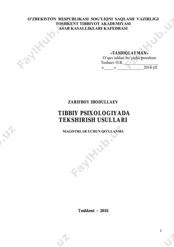 ‘tkirligini tekshirish protokoli ………………………..….…..………… 13 4 diqqat o‘tkirligini va tezligini tekshirish protokoli ……………………………. 14 5 burdonning korrektura sinamasi……………………………………...…………. 15 6 krepelin bo‘yicha hisoblashni tekshirish protokoli…………………..…………. 17 7 shulte jadvali bo‘yicha diqqat o‘tkirligini va tezligini tekshirish protokoli…….. 18 8 ko‘ruv xotirasini tekshirish protokoli ……………………………………….….. 19 9 sonlarni teskari tartibda ayirish…………………………………….……………. 20 10 ebbingauz usuli bo‘yicha xotirani tekshirish protokoli………………………….. 21 11 hikoyalarni takror aytib berish usuli….………………………………..……….. 22 12 tafakkurni tekshirish usullari……………….………………………..………….. 23 iii qism. psixodiagnostikada qo‟llaniladigan shkalalar..….. 29 1 ayzenk shkalasi…………………………………………………..…………….... 29 2 spilberger-xanin shkalasi (reaktiv xavotir)………………………….………… 31 3 spilberger-xanin shkalasi (shaxsiy xavotir)………………………….………… 32 4 sung shkalasi……………………………………..………..……………………. 33 5 gamilton shkalasi (depressiyani baholash uchun)…………………..……….….. 35 6 gamilton shkalasi (xavotirni baholash uchun)……………………………….….. 38 7 mmse shkalasi…………………………………………………….…………….. 41 8 monreal shkalasi………………………… ……………………………………… 43 9 xachinski shkalasi………………………………………………………………. 45 iv qism. nerv sistemasini tekshirish usullari va nevrologik shkalalar…….………………………………………………… 46 1 kranial nervlarni tekshirish protokoli ……………………………………….…. 46 2 harakat va reflektor faoliyatni tekshirish protokoli…………….………………. 47 3 harakat …