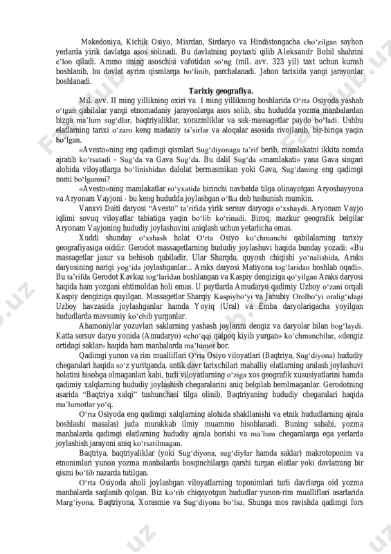 ilar. agar podsho bunga rozi bo‘lmasa, u barcha sodda jangchilarni qirib tashlab, gang daryosiga sharqiy otasi - misrlik xudo amon bilan birgalikda o‘zi yurish mumkin deb o‘ylaganlar makedonlar. osiyoda aleksandrning boshqaruv faoliyati asoslari aleksandr sharqiy yurishlar to‘xtatilishini e’lon qilib, yana bir yuksak g‘alabani qo‘lga kiritadi - jangchilar behad xursandchilikka sazovor bo‘ladilar. mil. avv. 325 yilda yunon- makedonlar kemalardan foydalanib, hind daryosi orqali okeanga yetib boradilar. shundan so‘ng nearx boshchiligida harbiylarning bir qismi kemalarda fors qo‘ltig‘iga qarab suzadilar. aleksandr va jangchilarning boshqa bir qismi gedrosiyo sahrolar ichkarisiga kirib, eronga yo‘l oladilar. mil. avv. 324 yilda ularning hammasi dengiz va sahro yo‘llarida juda qattiq azob tortib, erondagi suza shahrida uchrashadilar. podsho eteriya zabt etilgan hududlarda mahalliy hokimlar – artaboz – baqtriya, oksiart harbiy tayanch istehkomlar, yunon- makedon otliq va piyoda qo‘shinlari yunon-makedon sarkardalaridan podsho hamrohlari, do‘stlari makedonlar yarog‘-aslahalari bilan qurollangan mahalliy aholi qo‘shinlari gefestion, salavk, ptolomey, klit, krater, nearx harbiy yo‘lboshchilar kengashi …