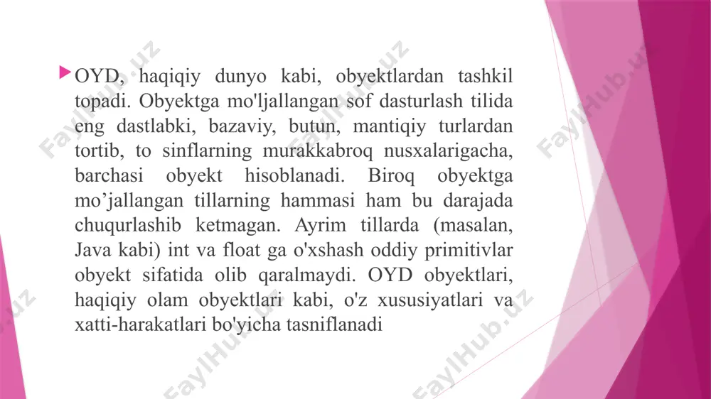 sinflar va ularning obyektlari metodlariga ruxsat etilgan cheksiz kirish huquqiga ega. konstruktor va destruktor tushunchalari. nomlaridan ko'rinib turganidek, konstruktor — bu metod bo'lib, u o'z xotirasida ushbu sinf obyektini quradi, destruktor esa — bu obyektni olib tashlaydigan metod. konstruktorlar va destruktorlar boshqa obyektli metodlardan quyidagi xususiyatlariga ko'ra farqlanadi: ■ o'z sinfi nomi bilan bir xil bo'lgan nomga ega. ■ qaytariladigan qiymatga ega emas. ■ garchi hosila sinf bazaviy sinflarning konstruktorlari va destruktorlarini chaqira olsa-da, konstruktor va destruktorlarning o’zlari vorislik qilolmaydi ■ agar boshqacha e'lon qilinmagan bo'lsa, kompilyator tomonidan avtomatik tarzda public sifatida generatsiya qilinadi. ■ sinf obyektlarining yaratilishi va yo'q qilinishini tegishli tarzda kafolatlash uchun kompilyator tomonidan chaqirib olinadi. ■ agar obyekt dinamik xotiraning ajratilishi va yo'q qilinishini talab qilsa, new va delete operatorlariga noaniq murojaatga ega bo'lishi mumkin. quyida konstruktorlar va destruktorlar e'lonining umumlashma sintaksisini namoyish qiluvchi misol keltiramiz: class classname {public: //classname ma'lumotlarining boshqa a'zolari; classname ( ) …