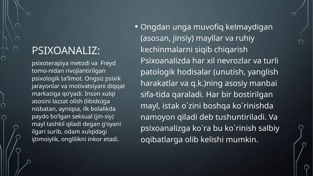 liq qismi. uning ongi bor. “super-ego”, ya’ni “super-men” – bu odamni o‘rab turgan muhit, jamiyat. “super-men” odamning xulq-atvorini “tepadan” nazorat qilib turadi. ong va ongsizlik ong- . kishining ongi bizning tevarak atrofimizni qurshab turgan olam haqidagi bilimlar majmuasidan tarkib topdi. k.marks. «ongning yashash usuli va ong uchun nimaningdir borligi bilimdir». deb yozgan edi. ongning strukturasiga muhim bilish jarayonlari kiradi. ular yordamida odam o’z bilimlarini doimo boyitib boradi. bu jarayonlar qatoriga sezgilar va idrokni, xotirani, xayol va tafakkurni qo’shish mumkin. sezgilar va idrok yordamida miyaga ta’sir etuvchi kuzatuvchilarning bevosita aks etishi natijasida ongda borliqning o’sha momentda kishi tasavvurida hosil bo’lgan hissiy manzarasi gavdalanadi. xotira ongda o’tmish obrazlarini qaytadan gavdalantiradi. xayol ehtiyoj ob’ekti bo’lgan ammo hozirgi paytda yo’q narsning obrazli modelini hosil qiladi. tafakkur umumlashgan bilimlardan fodalangan yo’li bilan masalaning hal etilishini ta’minlaydi. aytib o’tilgan psixik bilish jarayonidan istalgan birining batamom barbod bo’lishiga olib keladi. ongsizlik z. freyd bizda “yashirinib” yotgan psixologik …