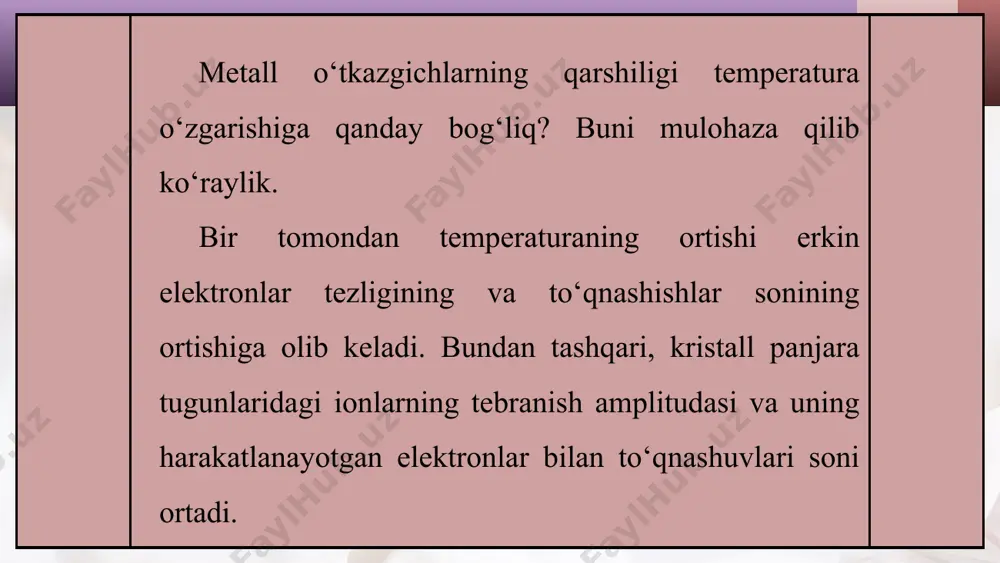 r bo‘ladi. uni hisobga olmaslik qo‘shimcha xatoliklarning yuzaga kelishiga sababchi bo‘lishi mumkin. o‘tkazgichlar qizdirilganda ularning geometrik o‘lchamlari kam o‘zgaradi. o‘tkazgichning qarshiligi asosan solishtirma qarshilikning o‘zgarishi bilan o‘zgaradi. solishtirma qarshilikning temperaturaga bog‘liqligini topish uchun quyidagi jadvalda ba’zi bir metallar solishtirma qarshiligining temperatura koeffitsiyenti keltirilgan: metallarning solishtirma qarshiligining temperaturaga bog‘liqligidan qarshilikli termometrda foydalaniladi. bunday termometrlar bilan juda yuqori va juda past temperaturalarni o‘lchash mumkin. masalan, platinali termometrlar bilan –200 o c dan +600 o c gacha bo‘lgan temperaturalarni 0,0001 o c aniqlikda o‘lchash mumkin. shunday qilib, metallarda temperatura pasayi shi bilan qarshiligi kamayishi va absolyut nol temperaturada nolga teng bo‘lishi kerak. lekin ikkinchi tomondan qaralsa, absolyut nol temperaturada erkin elektronlarning tezligi ham nolga intilishi natijasida o‘tkazgich qarshiligi cheksiz katta bo‘lib ketishi kerak. bu qarashlarning qanchalik to‘g‘riligini tajriba o‘tkazib tekshirish zarur edi. 1908-yilda golland fi zigi kamerlingonnes birinchi bo‘lib suyuq geliyni olishga erishdi. aynan “geliy” temperaturalarida ishlash kamerling-onnesga “o‘ta o‘tkazuvchanlik” hodisasini ochishga imkon …