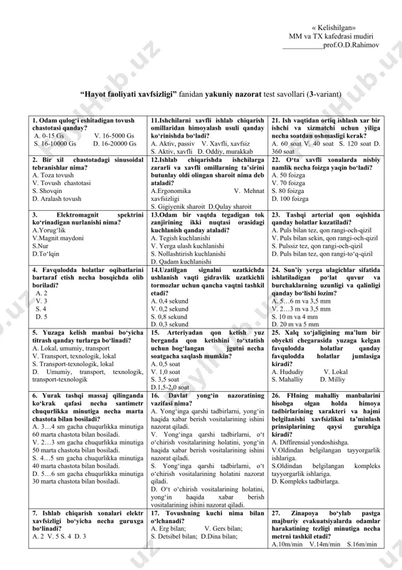 tatik, iqtisodiy, aprior, aposterior s. statistik, iqtisodiy, monografik, aprior d.statistik, iqtisodiy, monografik, topografik 22. majburiy evakuatsiyalarda odamlar harakatining tezligi minutiga necha metrni tashkil etadi? a.12m/min v.14m/min s.16m/min d.18m/min 3. ishlab chiqarish zararlarining ruxsat etilgan darajasi asosida sog‘lom va xavfsiz mehnat sharoitini yaratish...? a. mehnat muhofazasining vazifasidir. v. hfxning vazifasidir. s. texnika xavfsizligining vazifasidir. d. ishlab chiqarish sanitariyasining vazifasidir. 13. quyidagilardan qaysi biri xavfsizlik va zararlilik darajasi bо‘yicha 1 klassga mansub? a. xlor bug‘lar, о‘simlik changlari v. benzin bug‘lari, don changlari s.simob bug‘lari, qurg‘oshin va uning birikmalari d. ammiak bug‘lari, atseton bug‘lari 23. qon oqmaydigan, shilingan, sanchilgan, kichik jarohatlangan joylarni necha foizli yod nastoykasi bilan yog‘lash va mikrobga qarshi bog‘lash zarur? a. 8 % li v. 7 % li s. 6 % li d. 5 % li 4. elektr lampalari yordamida amalga oshadigan yoritish...? a. kombinatsiyalashgan yoritish deyiladi v. zamonaviy yoritish deyiladi s. sun’iy yoritish deyiladi d. lokal yoritish deyiladi 14. …