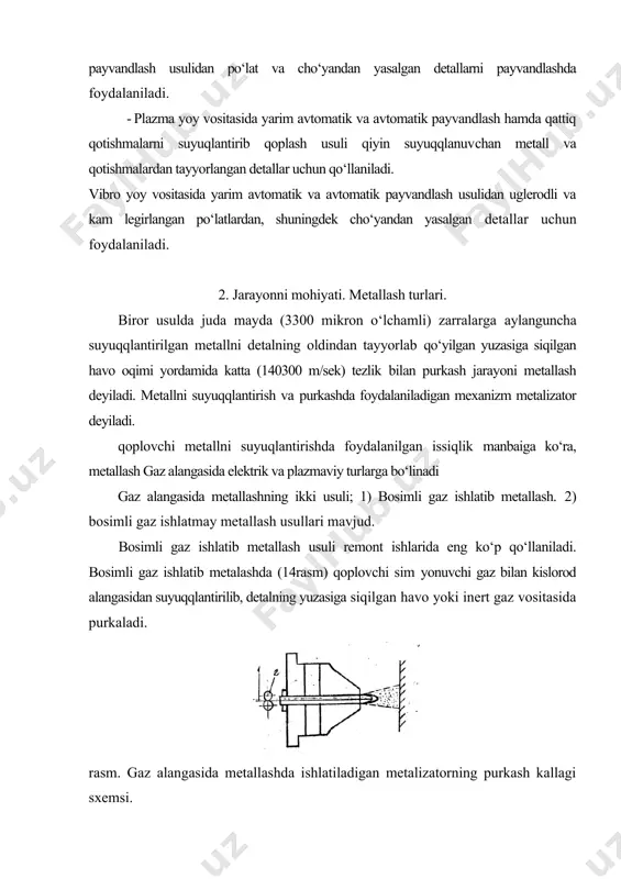 tallash ustanovkasi murakkab bо‘ladi. chet ellarda kesuvchi asboblar, ulchash asboblari, shuningdek koliplash matritsalari va boshqa muxim detallar ish yuzalarining yeyilishga chidaxmliligini oshirish maksadida ularni qiyin suyuqqlanuvchan materiallar bilan qoplashda ireaktivm va portlatma metallash usullari qо‘llaniladi. bosimi oshirilgan yonuvchi gaz yordamida metallash detallarning yuzasiga qattiq va keramikaviy kotishmalarning kukunlarini purkashdan iborat. bunday maksadda ishlatiladigan metalizator sxemasi keltirilgan (15rasm). bunda siqilgan havo ishlatilmaydi. siqilgan havo rolini bosimi oshirilgan yonuvchi gaz о‘taydi. shu tufayli metall zarralarining temperaturasi saqlanib, detal yuzasiga yumshoq xolatda yotadi. 15-rasm. yuqori bosimli yonuvchi gazdan foydalanib metallash metalizatorining sxemasi. 1-atsetilen beriladigan kanal; 2-kislarod beriladigan kanal; 3-sо‘toklantiriladigan kukun beriladigan kanal; 4-yonib turgan gazlar va koplanayotgan metalning yumshagan zarralari oqimi; 5-detalning qoplanayotgan yuzasi. elektrik metallashda ish unumi va tejamlilik juda yuqori bо‘ladi. ishlash prinsipiga kо‘ra, elektrik metallash quyidagi ikki turga: elektr yoyi vositasida metallash va yuqori chastotali tok vositasida metallash turlariga bо‘linadi. elektr yoyi vositasida metallash (16-rasm) usuli metallashning barcha turlarini bajarishga …