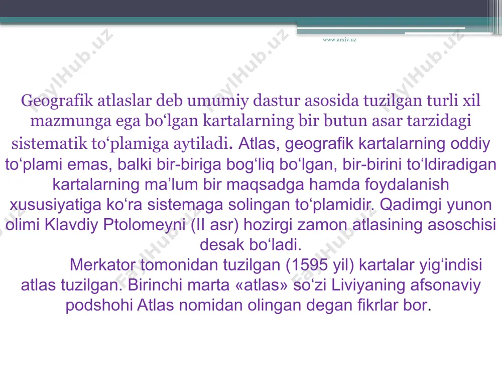 mumgeografik atlaslar (dunyo atlasi, dunyoni tabiiy geografik atlasi, dengiz atlaslari 1967 yil). bu atlaslarga umumgeografik kartalar ham kiritilgan tabiiy-geografik atlaslar (o‘rta osiyo respublikalarining tabiiy geografik atlasi, 1984 yil). umumiy kompleks atlaslar. bunday atlaslarda ham tabiiy ham ijtimoiy-iqtisodiy ba’zan tarixiy kartalar beriladi (aqsh va kanada atlaslari, komi respublikasi atlasi, ozarbayjonni atlasi va b.). qaysi sohada ishlatilishiga ko‘ra: www.arxiv.uz 1. o‘quv atlaslari. 3. turistik atlaslar 4. harbiy atlaslar. 2. ilmiy ma’lumotnomali atlaslar. o‘quv atlaslari 2 xil bo‘ladi: www.arxiv.uz o‘rta maktablarda geografiya fanini o‘qitish uchun mo‘ljallangan o‘quv atalslari o‘quv-o‘lkashunoslik atlaslari 5-sinf atlasida, geografyaning asosi bo‘lgan umumgeografik manbalar, kartada maxsus belgi-modellar yordamida tasvirlangan. atlasda qisqacha plan olishni bajarish, meridian va parallellar, ularni globusda tasvirlanishi, geografik globus bilan geografik kartaning farqlari haqida ma’lumot berilgan. www.arxiv.uz 6-sinfda ishlatiladigan atlas materiklar va okeanlar atlasi bo‘lib, u asosan materiklar va okeanlarning tabiiy geografiyasini o‘rganishga mo‘ljallangan. 6-sinf atlasi yer sharini bir butun shaklda va materik hamda okeanlarga bo‘lib o‘rganish …